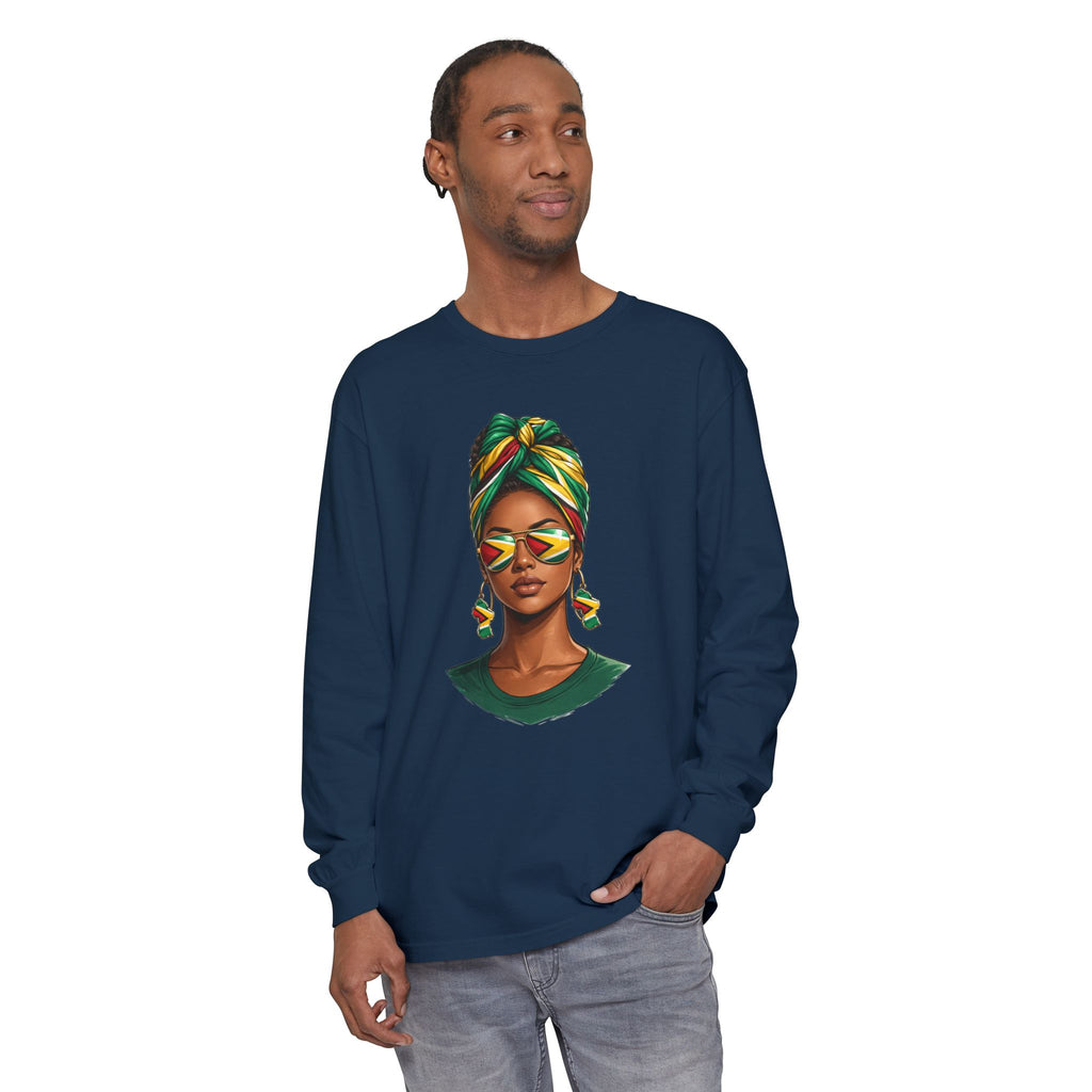 Afro Guyanese Woman Portrait — "Her Presence Does the Talking" Long Sleeve Tee