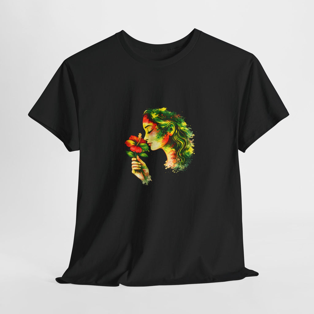 Guyana Hibiscus Tee — Woman Smelling Flower