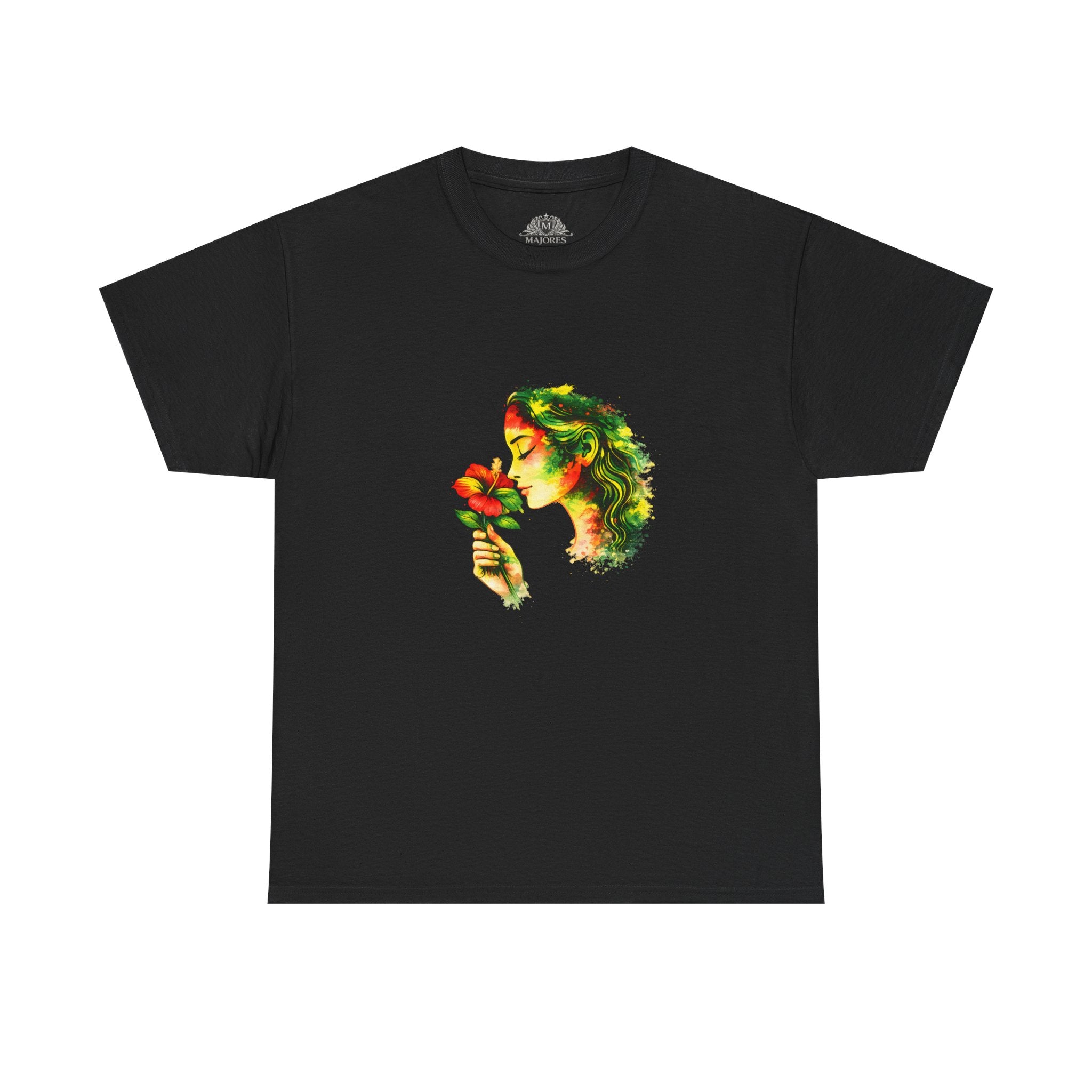 Guyana Hibiscus Tee — Woman Smelling Flower