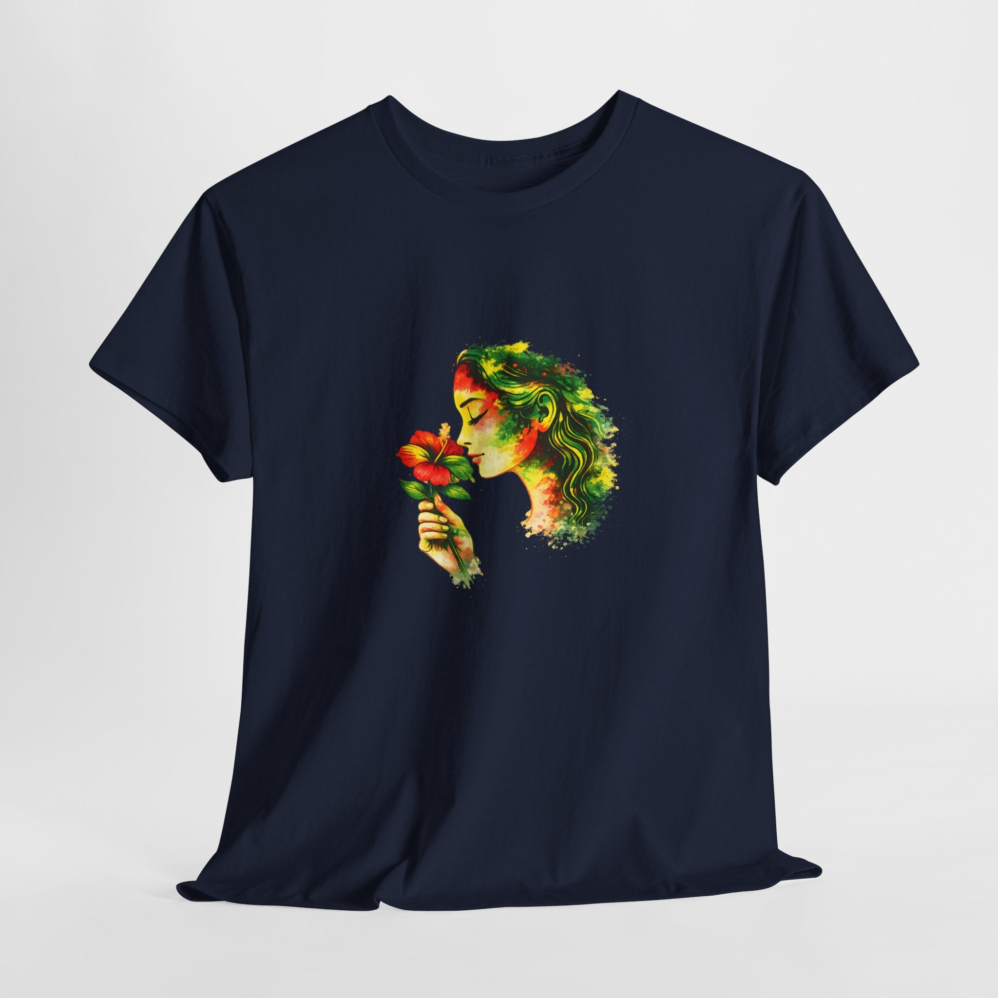 Guyana Hibiscus Tee — Woman Smelling Flower