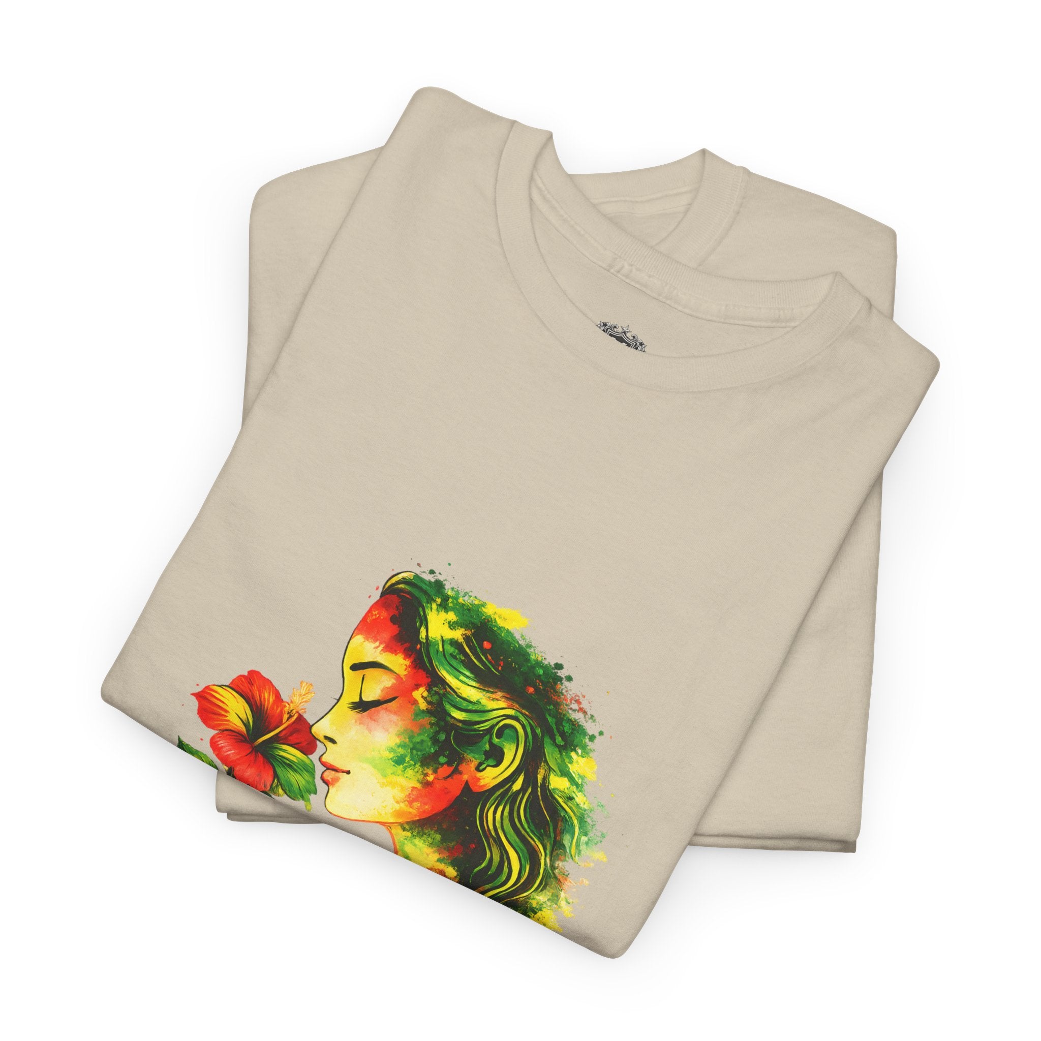 Guyana Hibiscus Tee — Woman Smelling Flower