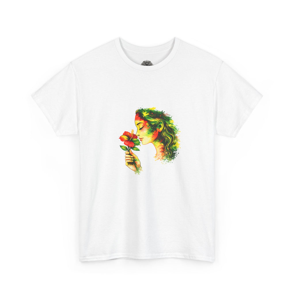 Guyana Hibiscus Tee — Woman Smelling Flower