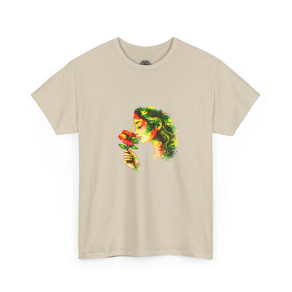 Guyana Hibiscus Tee — Woman Smelling Flower