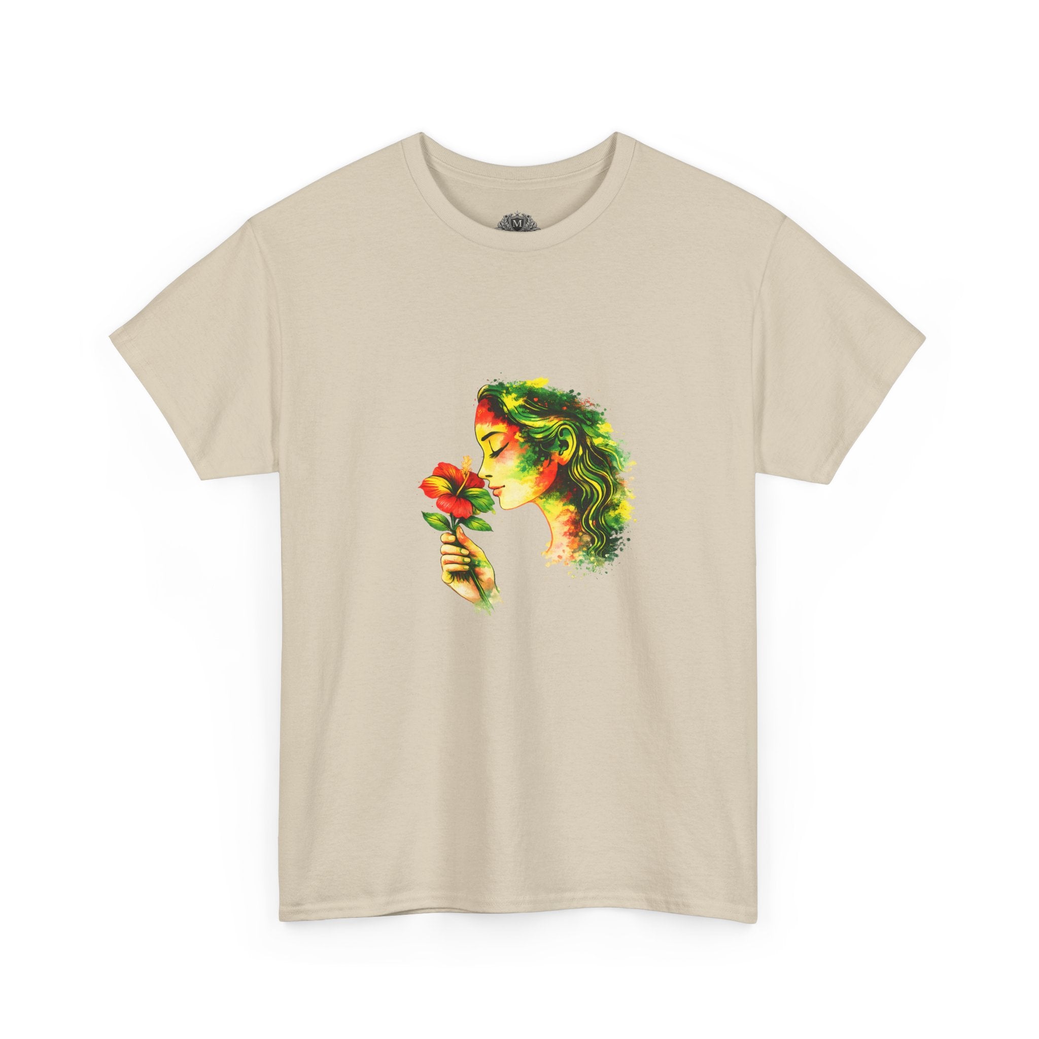 Guyana Hibiscus Tee — Woman Smelling Flower