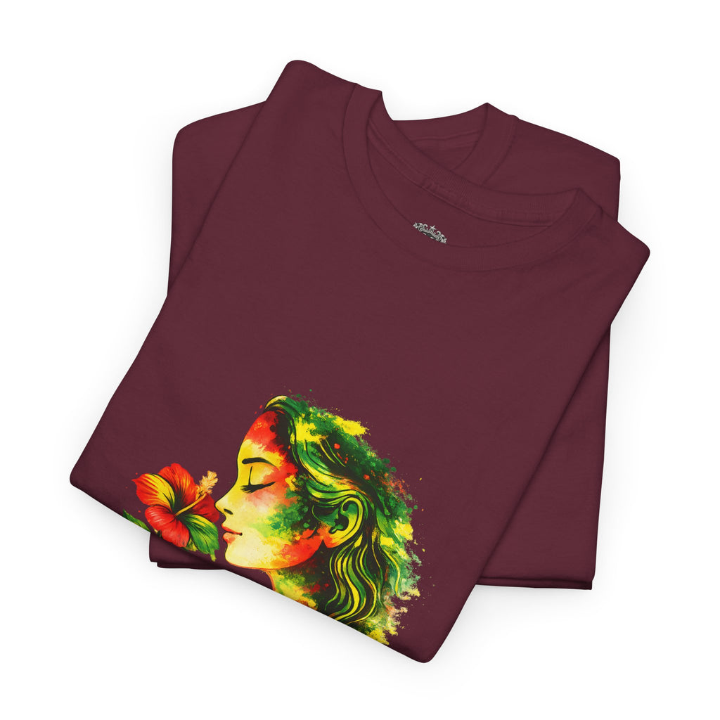 Guyana Hibiscus Tee — Woman Smelling Flower