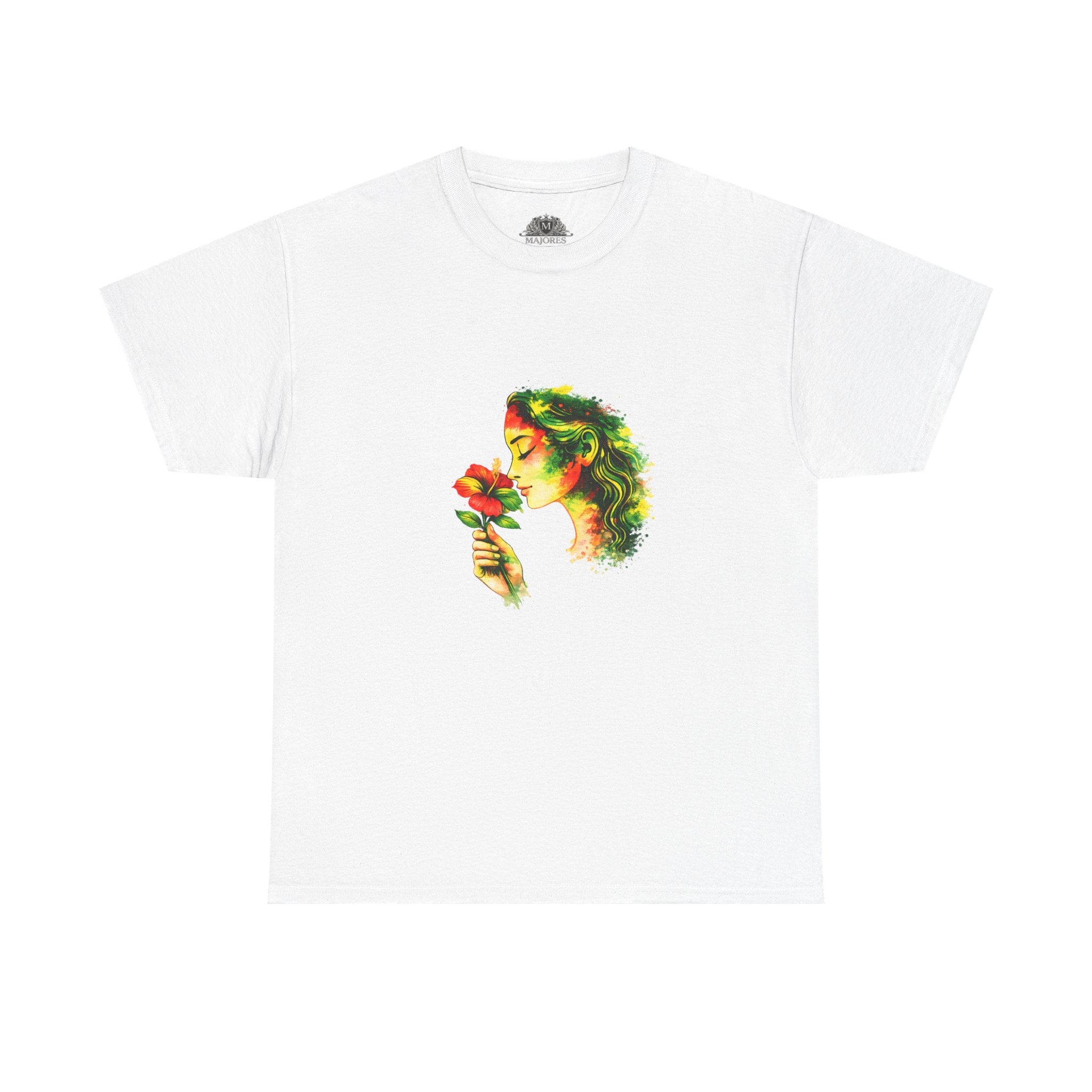 Guyana Hibiscus Tee — Woman Smelling Flower