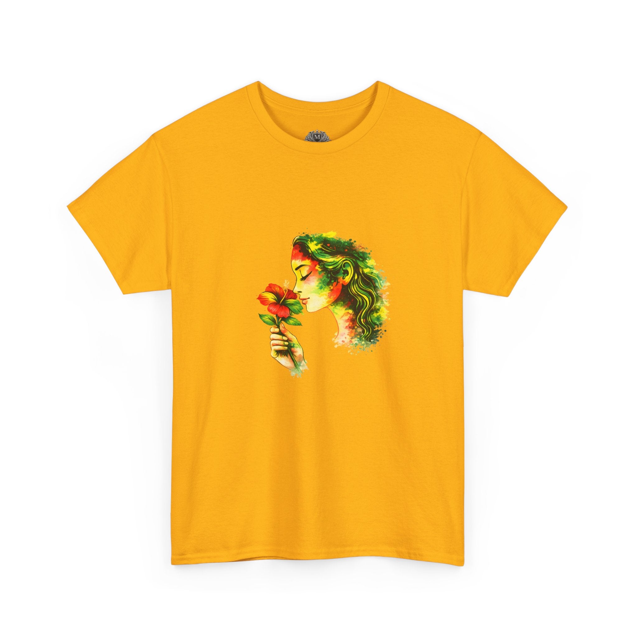 Guyana Hibiscus Tee — Woman Smelling Flower