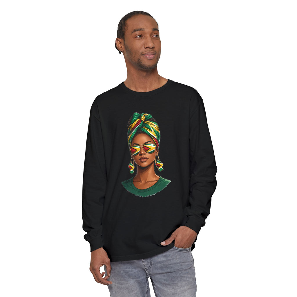 Afro Guyanese Woman Portrait — "Her Presence Does the Talking" Long Sleeve Tee