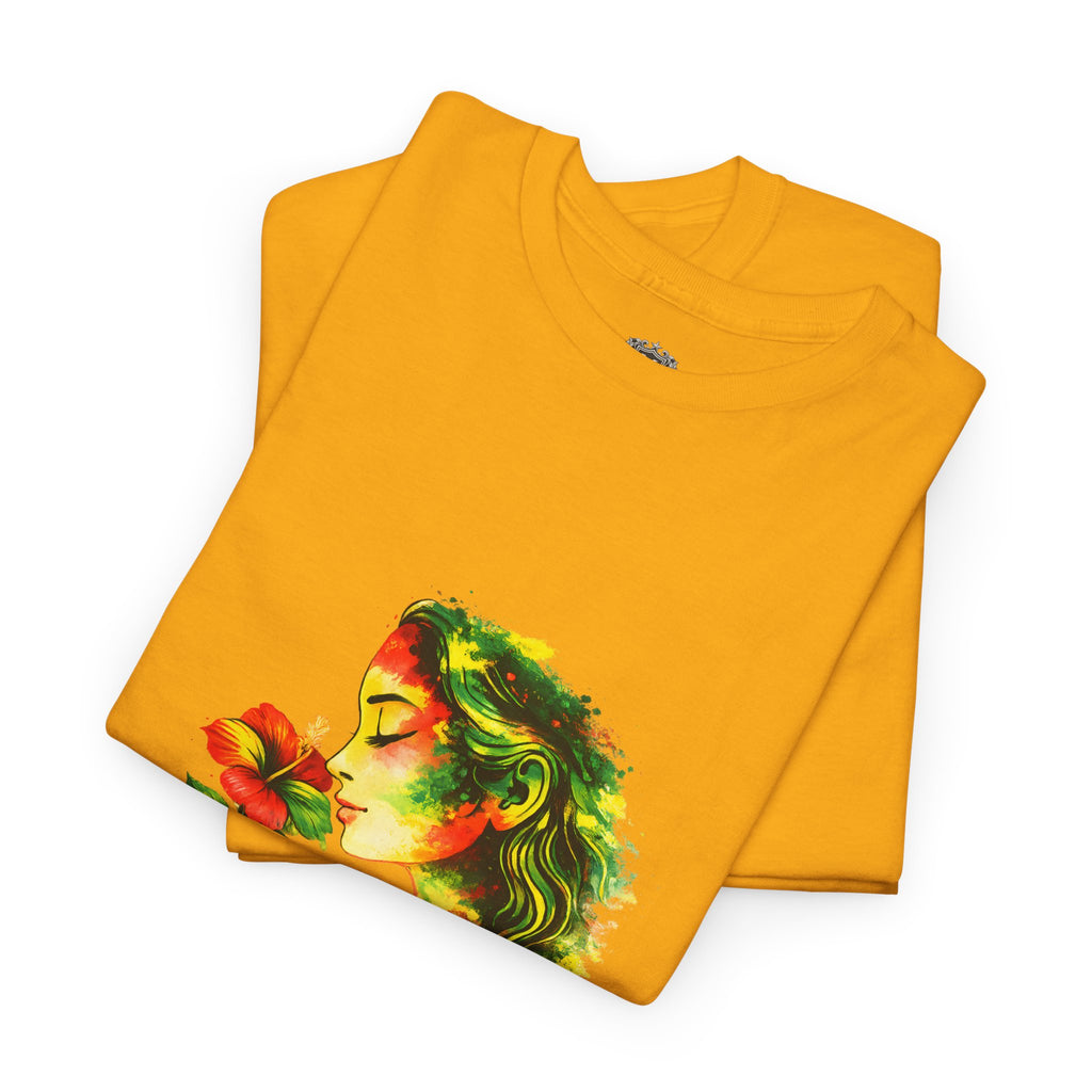 Guyana Hibiscus Tee — Woman Smelling Flower