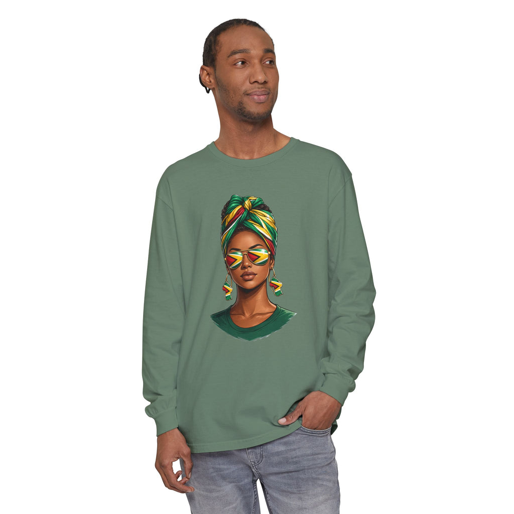 Afro Guyanese Woman Portrait — "Her Presence Does the Talking" Long Sleeve Tee