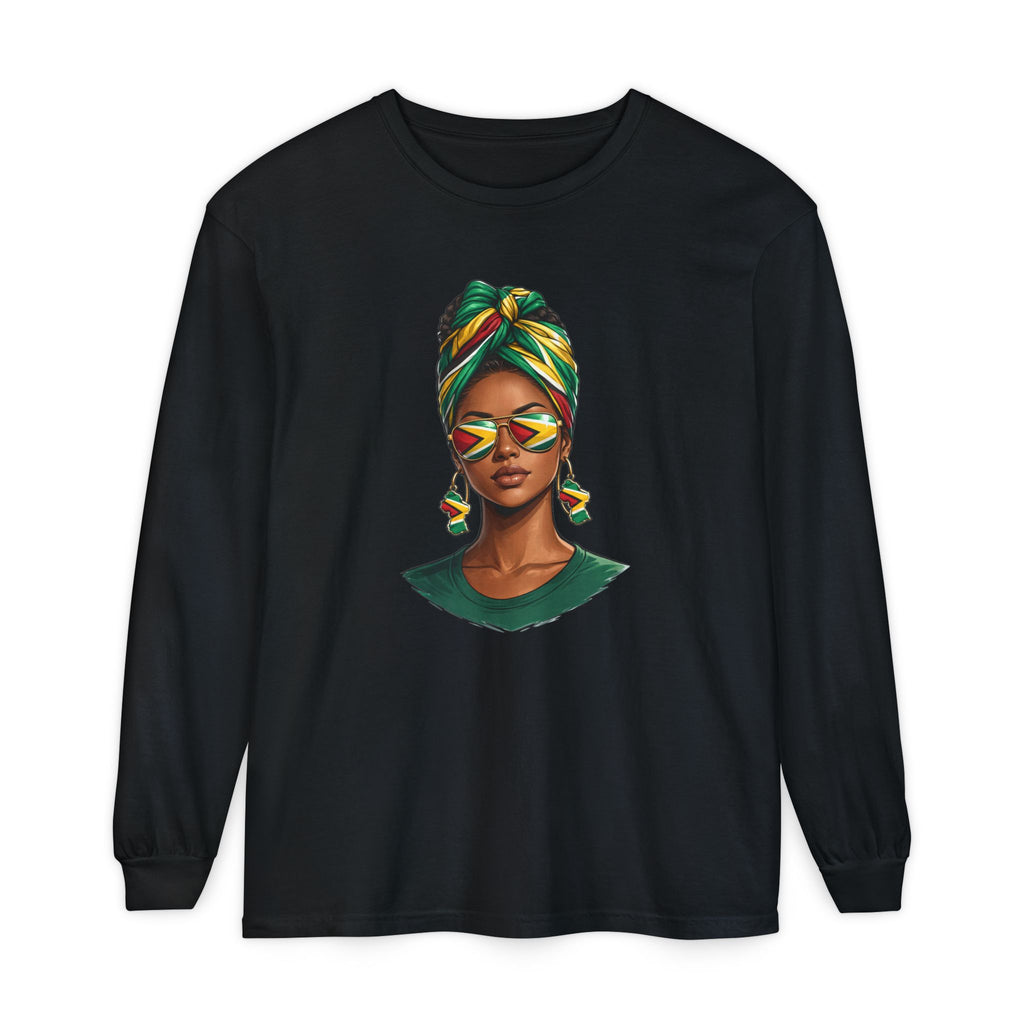 Afro Guyanese Woman Portrait — "Her Presence Does the Talking" Long Sleeve Tee