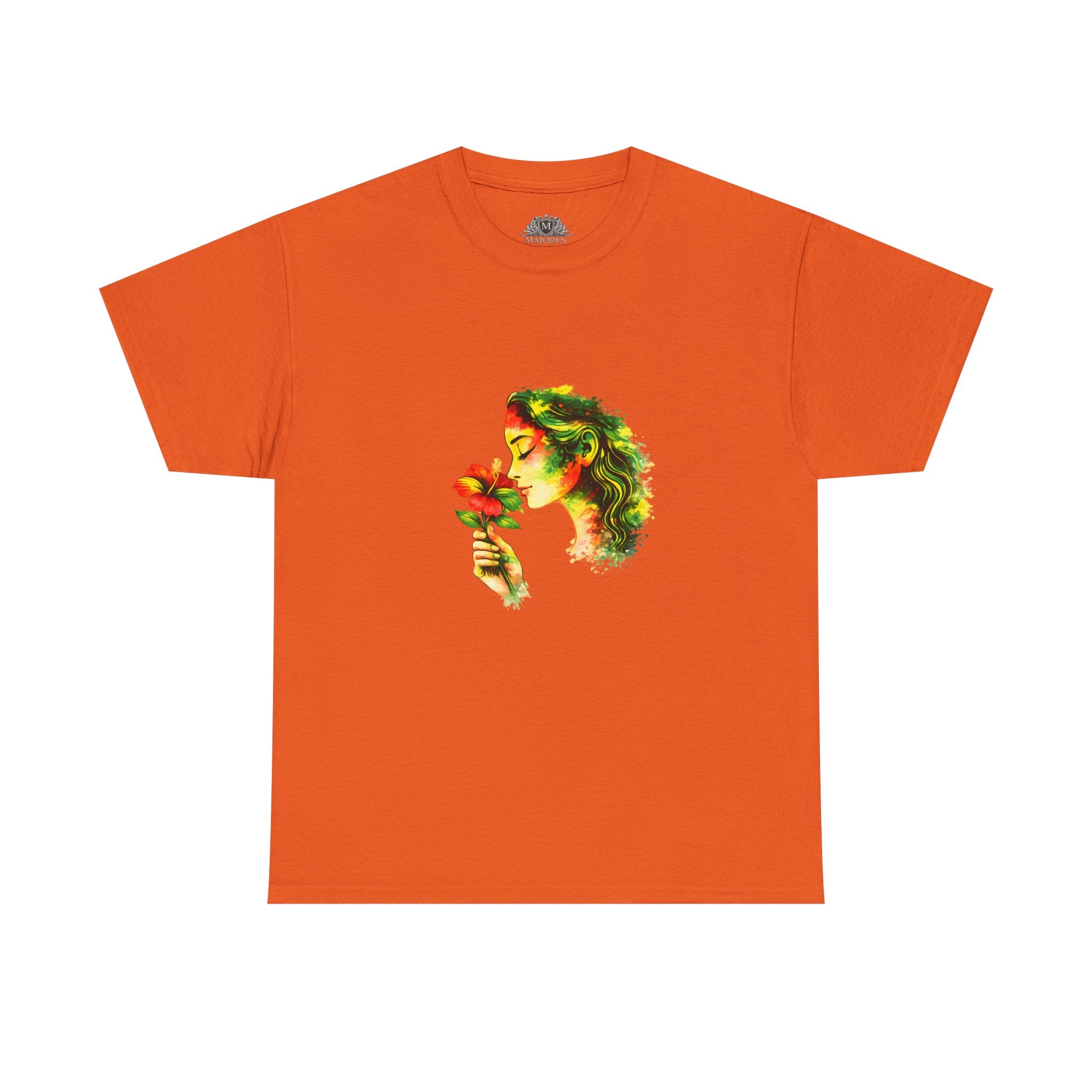 Guyana Hibiscus Tee — Woman Smelling Flower