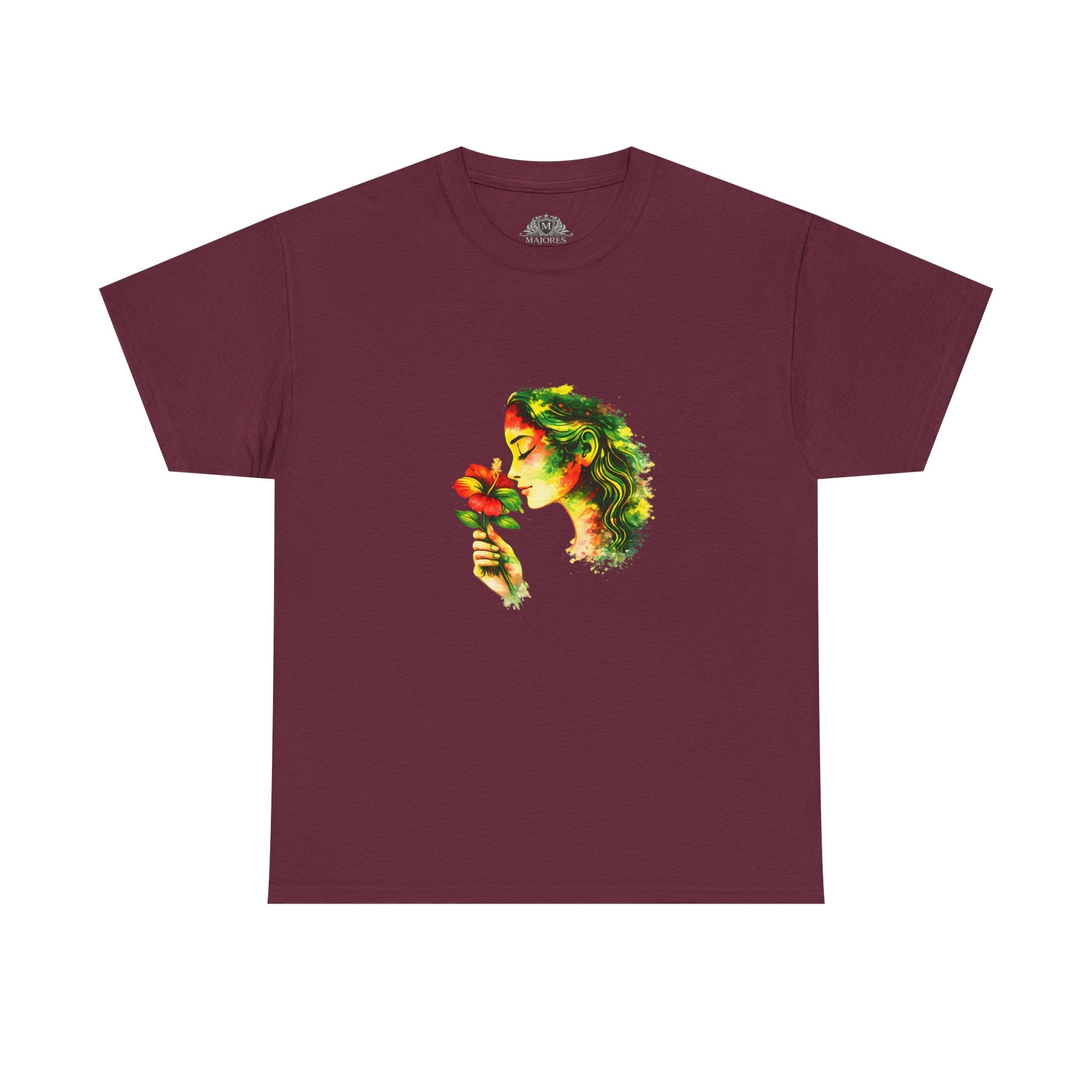 Guyana Hibiscus Tee — Woman Smelling Flower