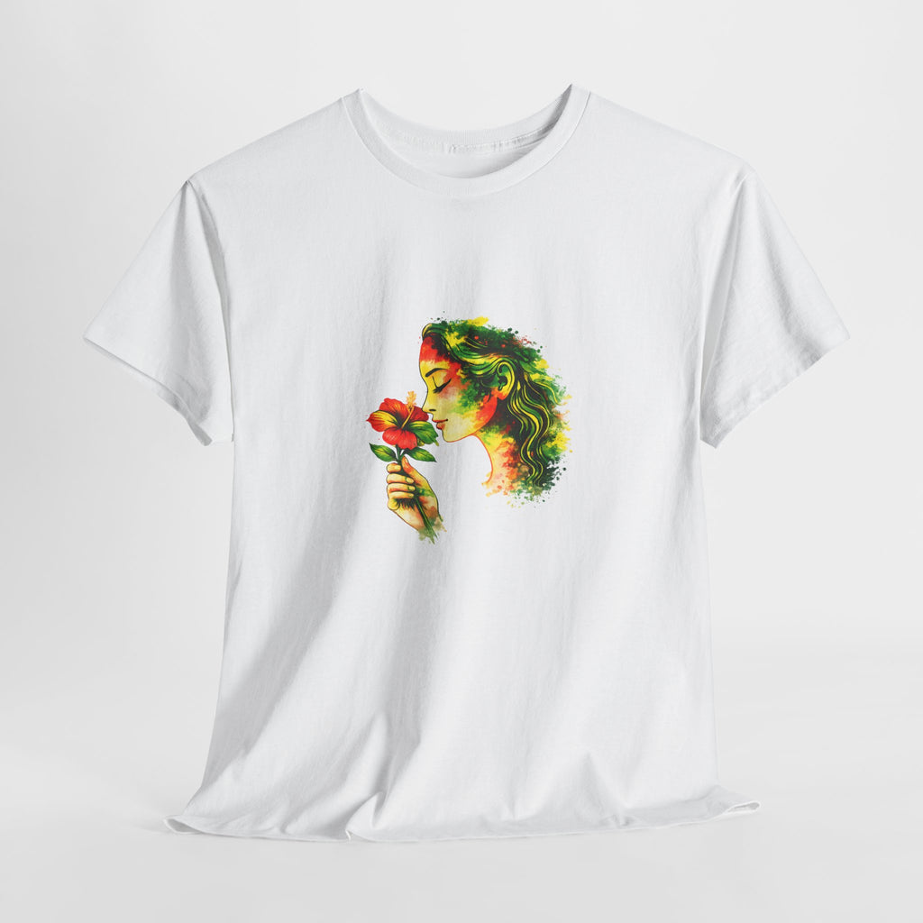 Guyana Hibiscus Tee — Woman Smelling Flower