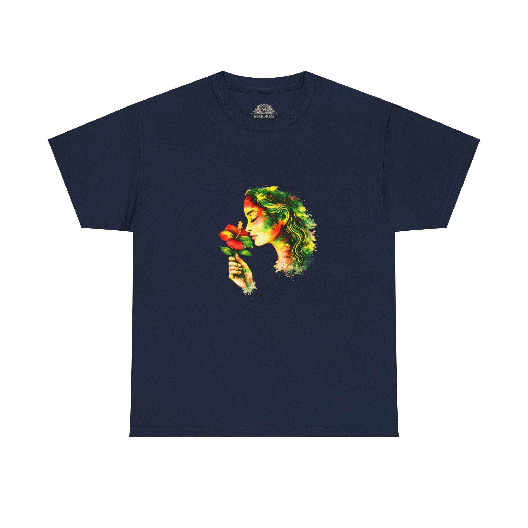Guyana Hibiscus Tee — Woman Smelling Flower