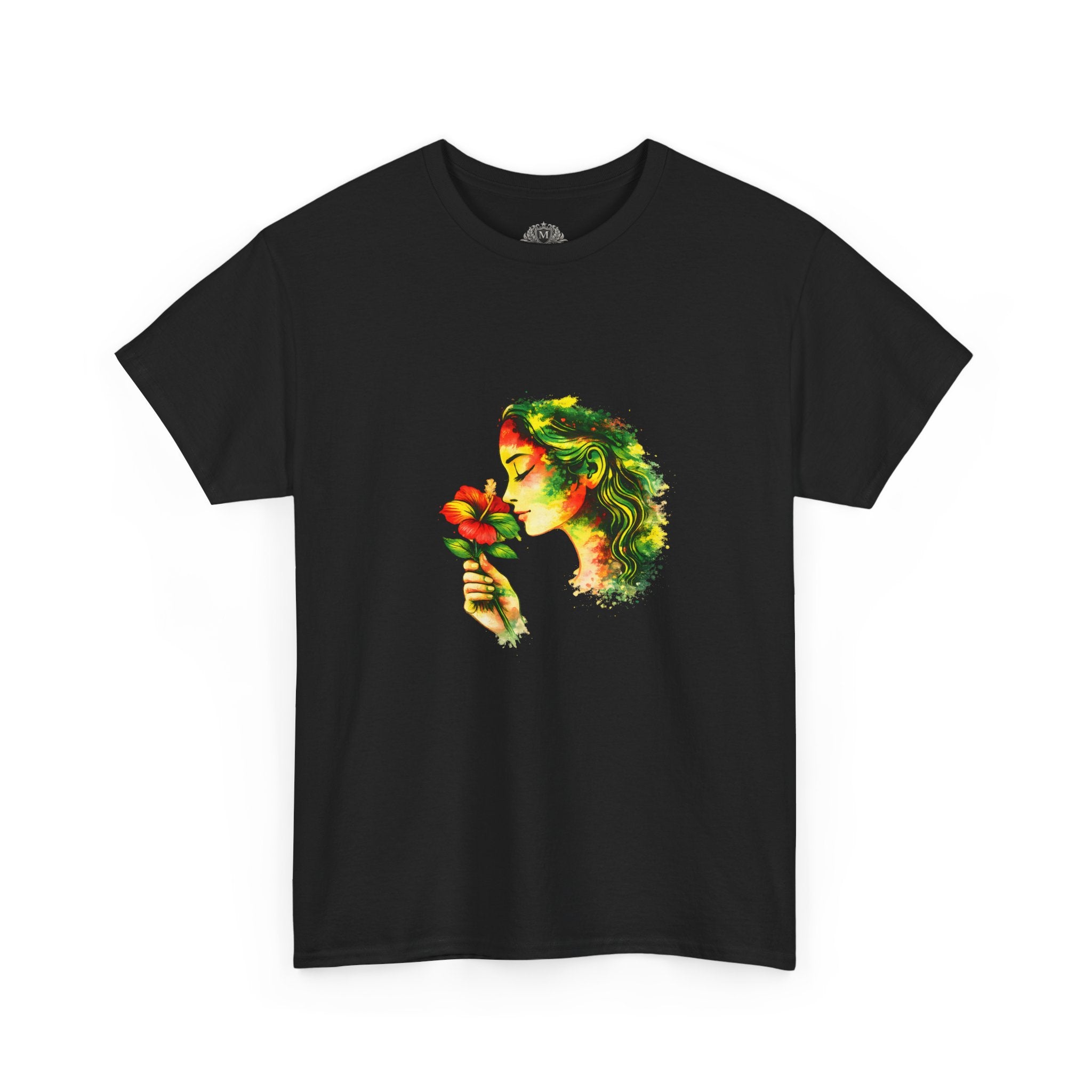 Guyana Hibiscus Tee — Woman Smelling Flower