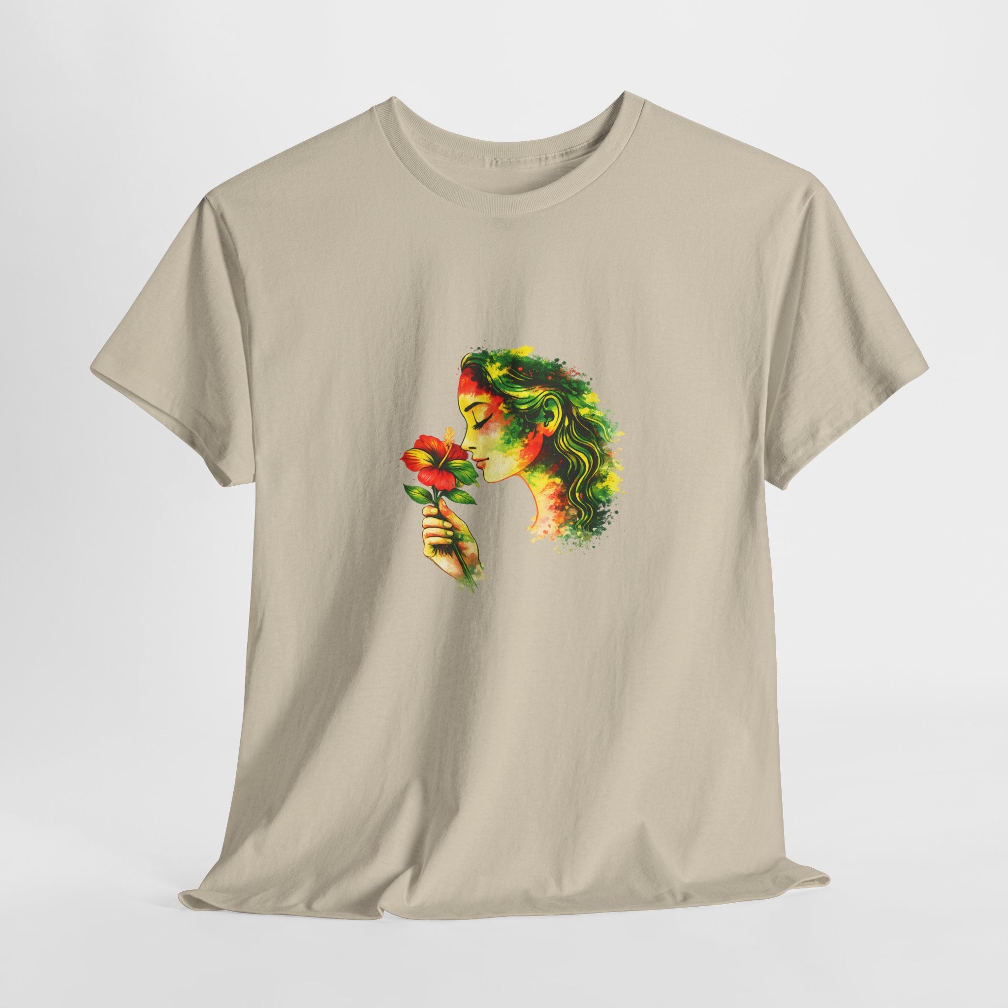 Guyana Hibiscus Tee — Woman Smelling Flower