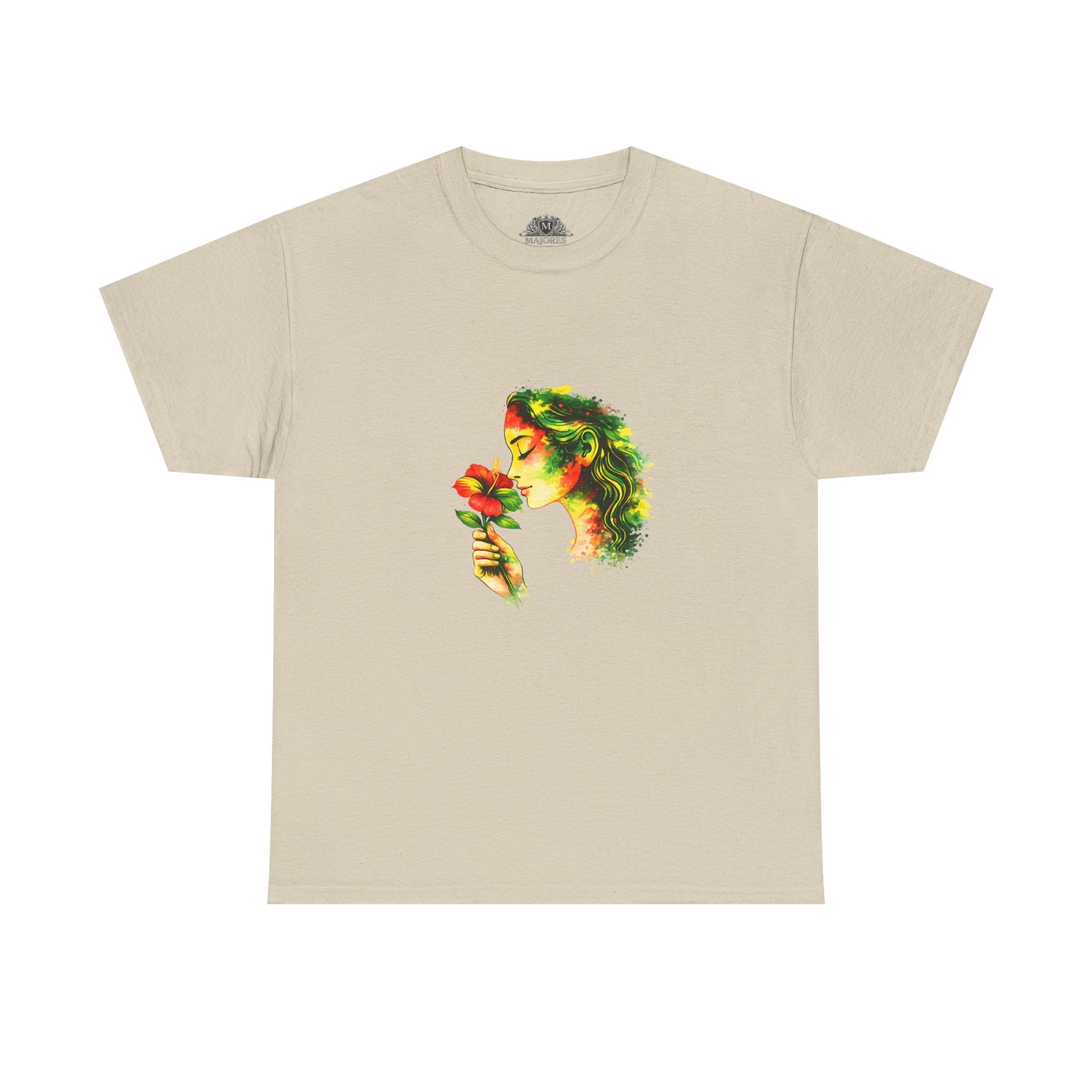 Guyana Hibiscus Tee — Woman Smelling Flower