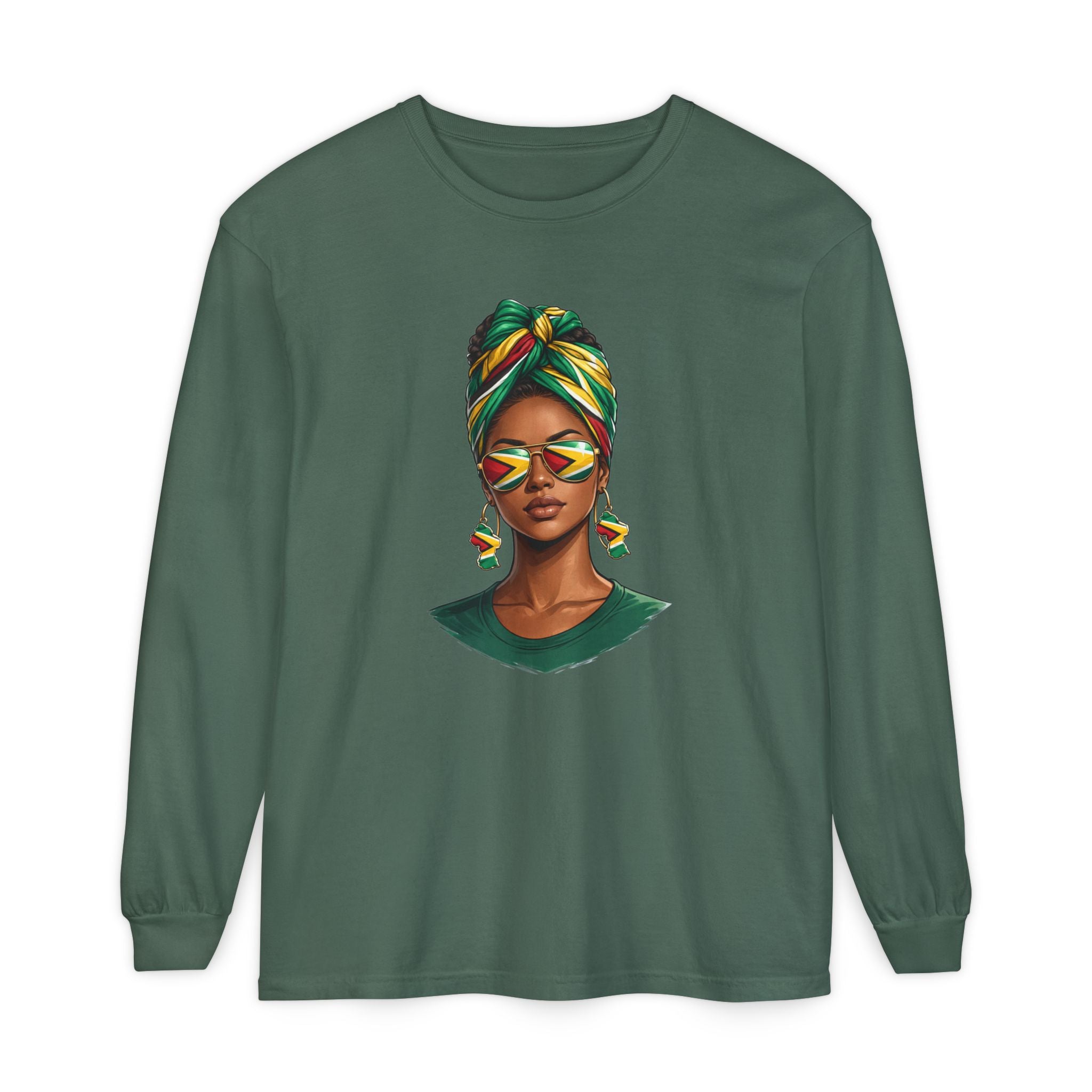 Afro Guyanese Woman Portrait — "Her Presence Does the Talking" Long Sleeve Tee