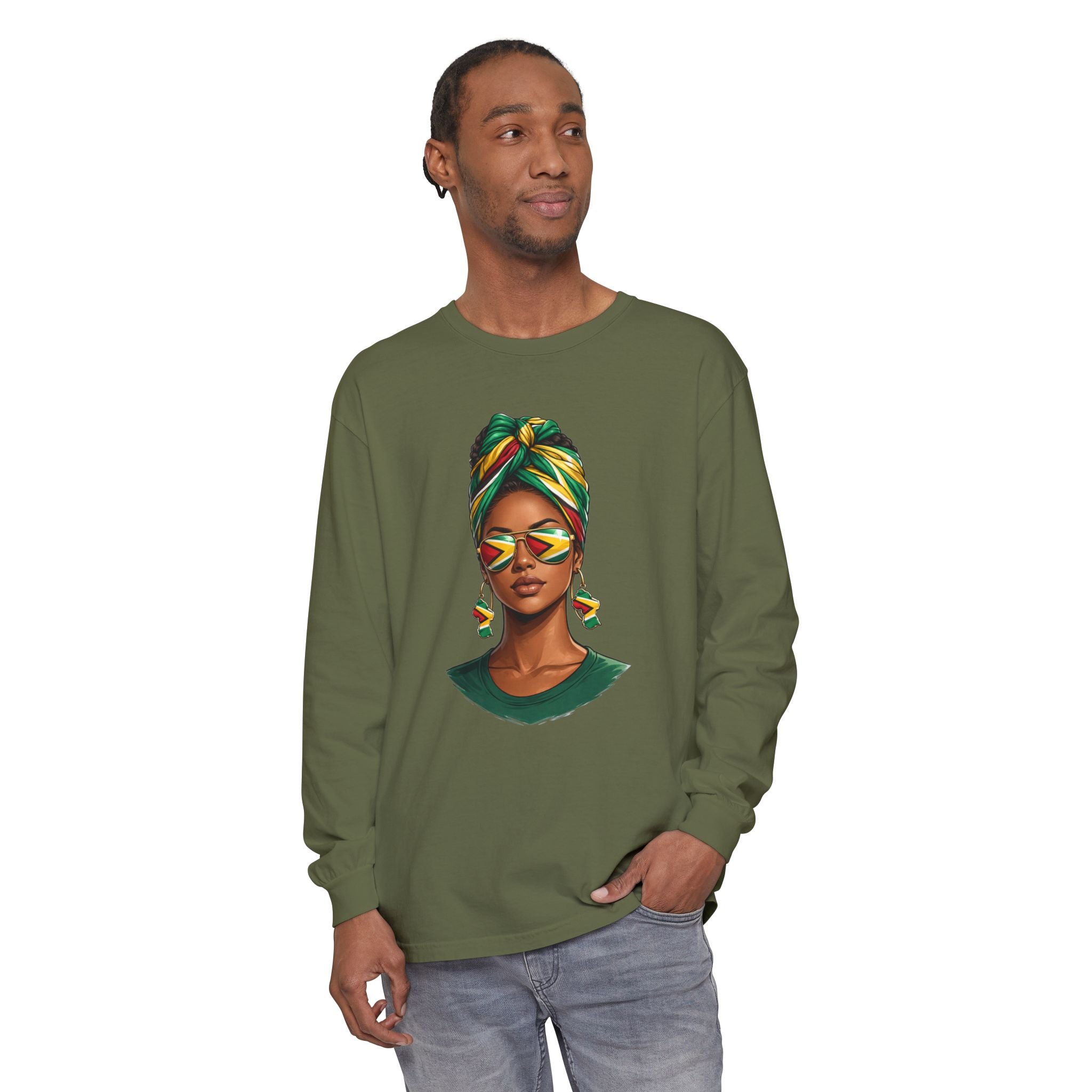 Afro Guyanese Woman Portrait — "Her Presence Does the Talking" Long Sleeve Tee