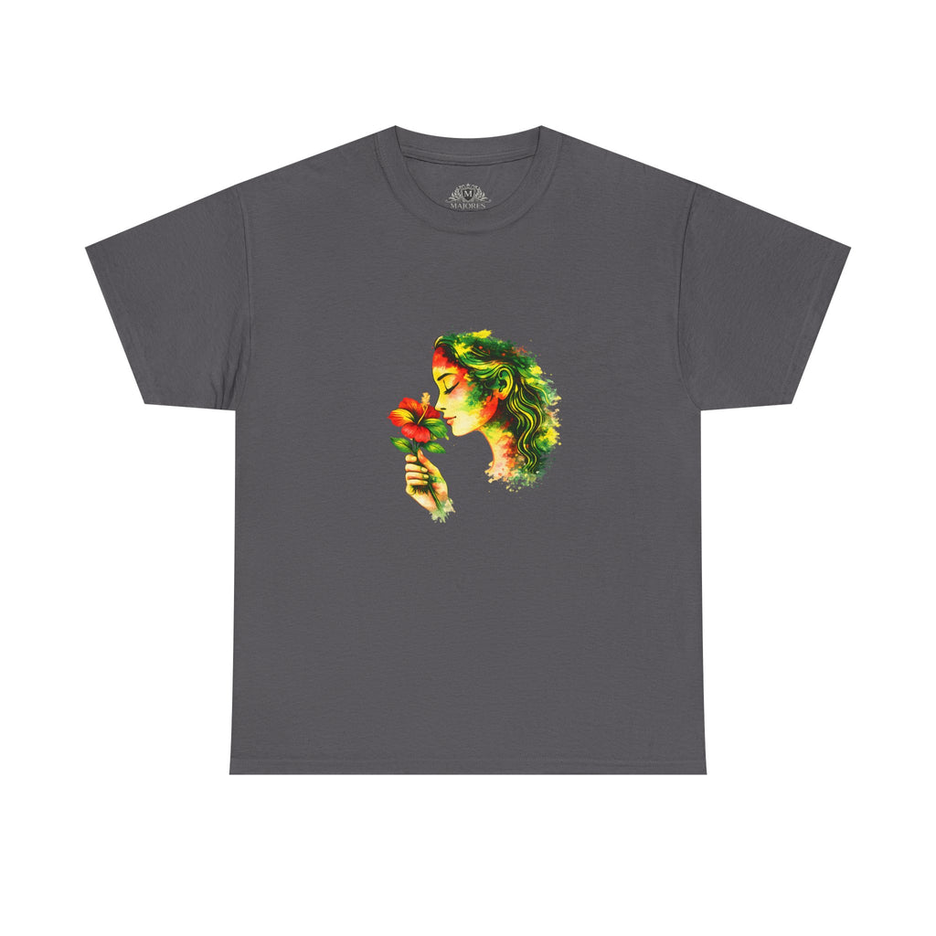 Guyana Hibiscus Tee — Woman Smelling Flower