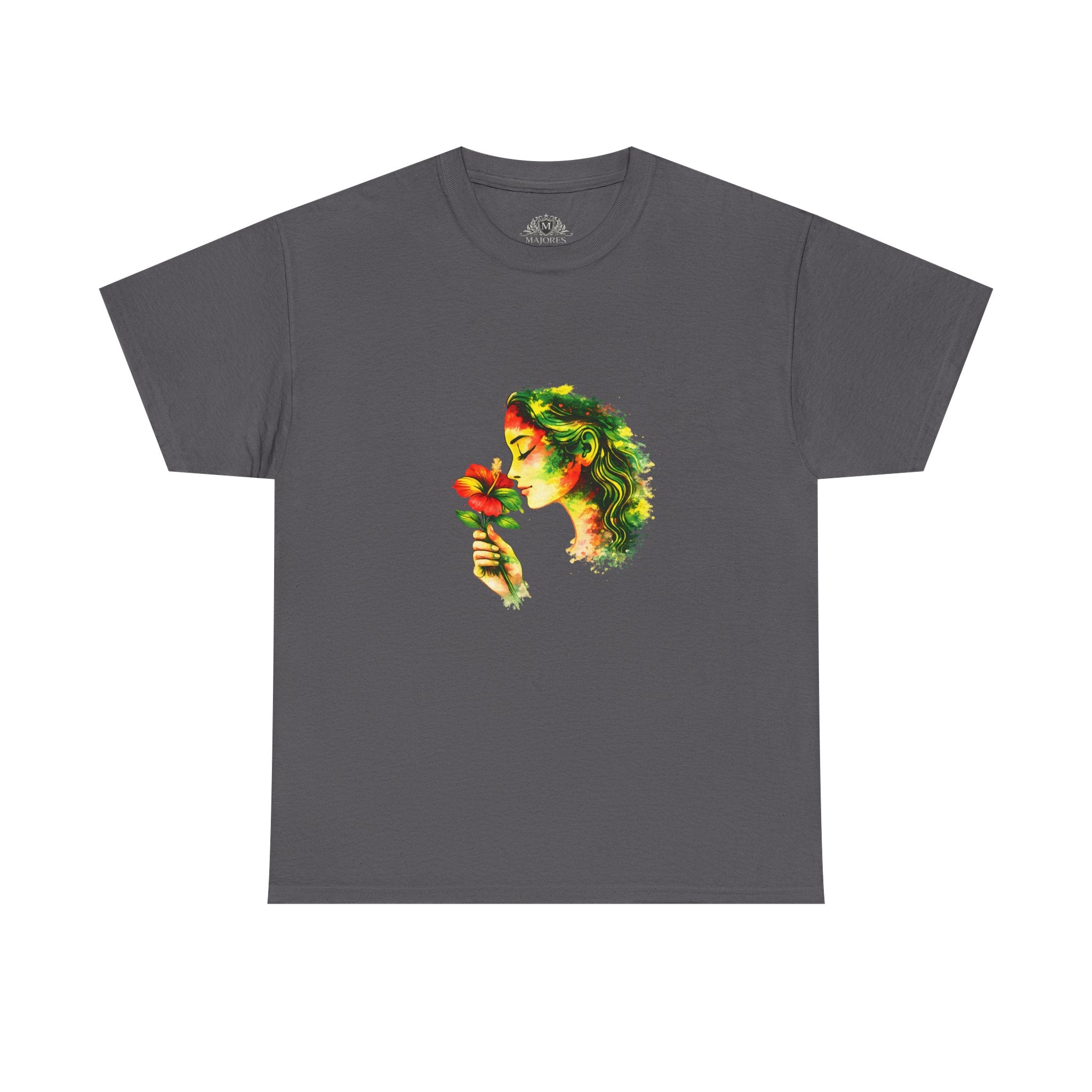 Guyana Hibiscus Tee — Woman Smelling Flower
