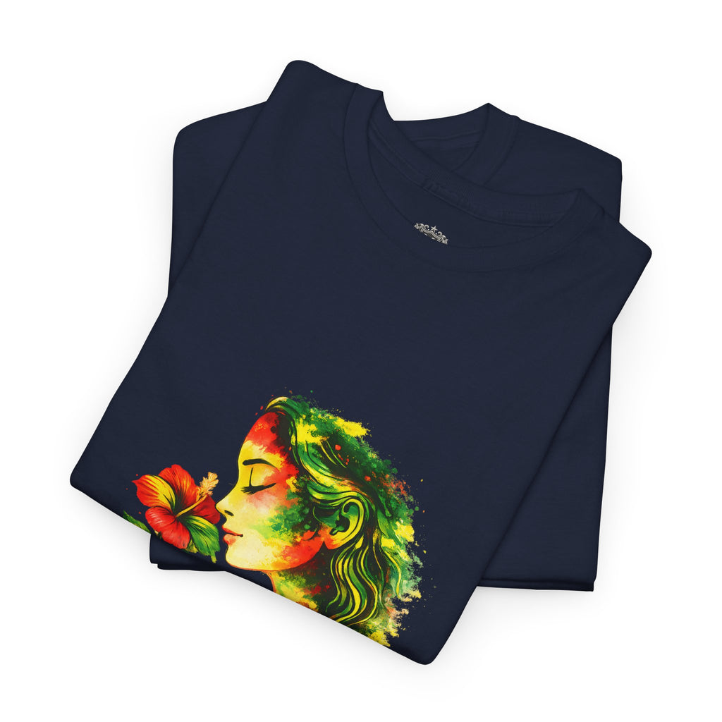 Guyana Hibiscus Tee — Woman Smelling Flower