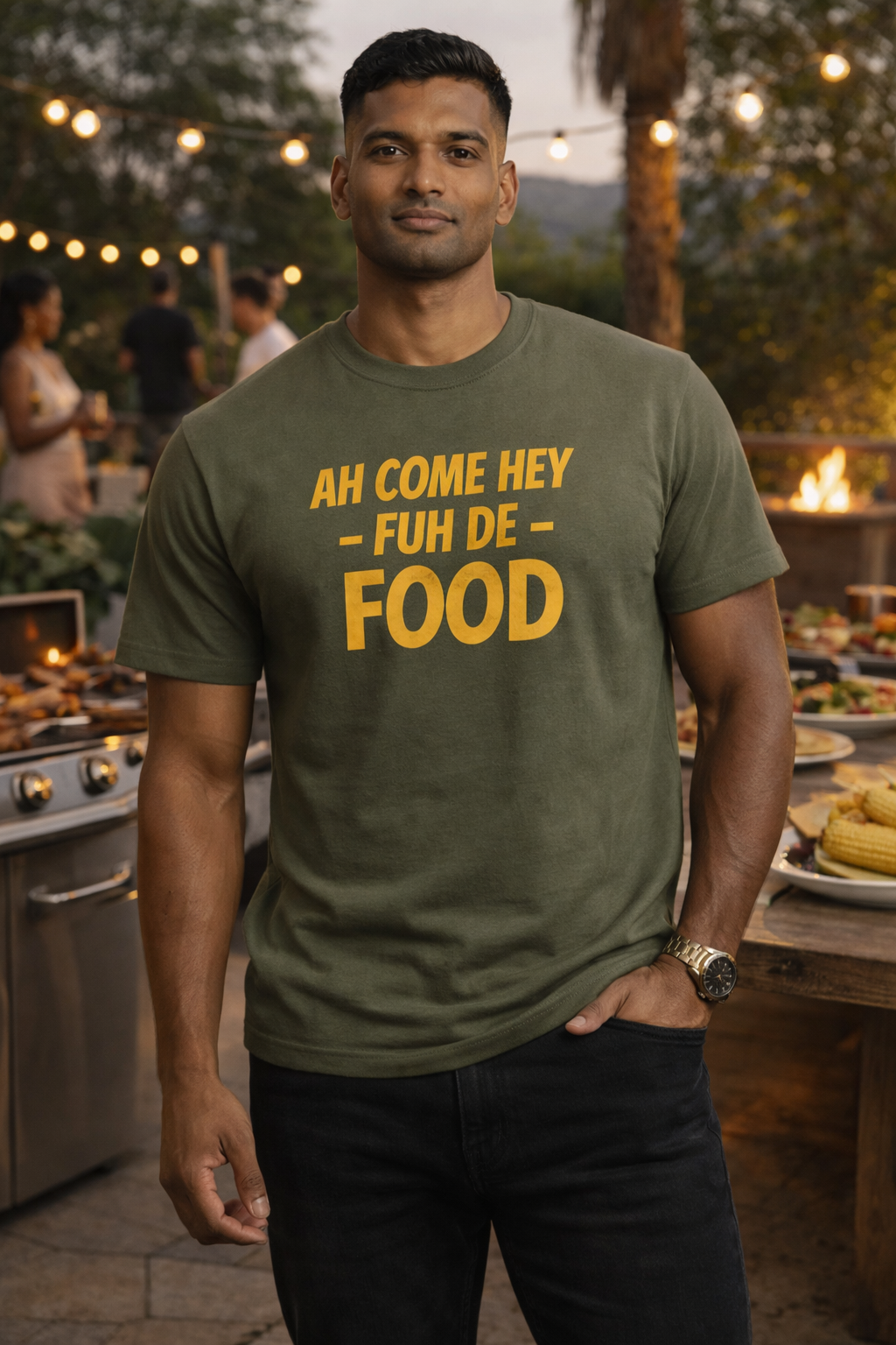 Foodie T‑Shirt – "Ah Come Hey Fuh De Food" Casual Graphic Tee