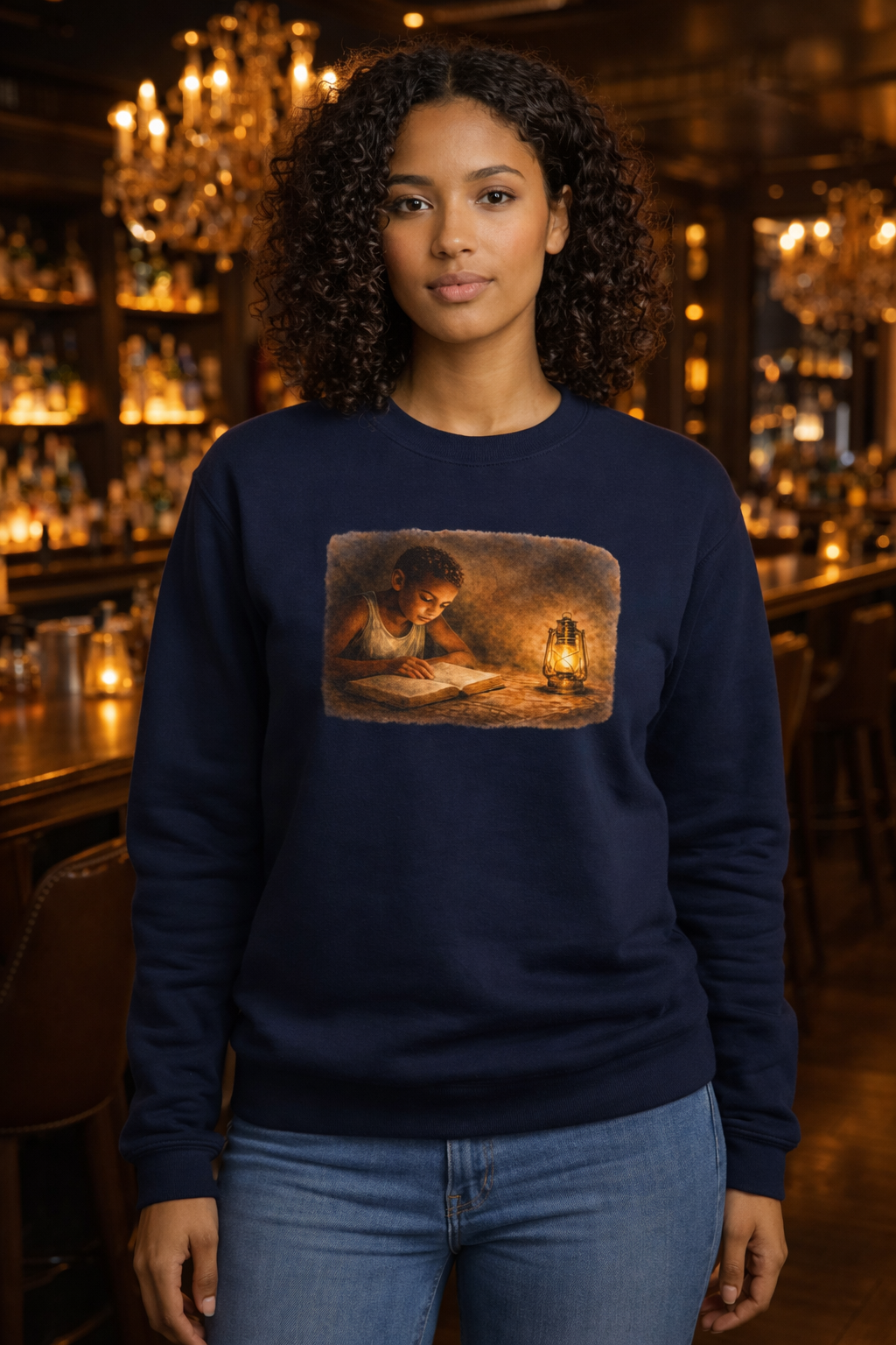 Lantern Reading Crewneck Sweatshirt — Nostalgic Childhood Homework Memories