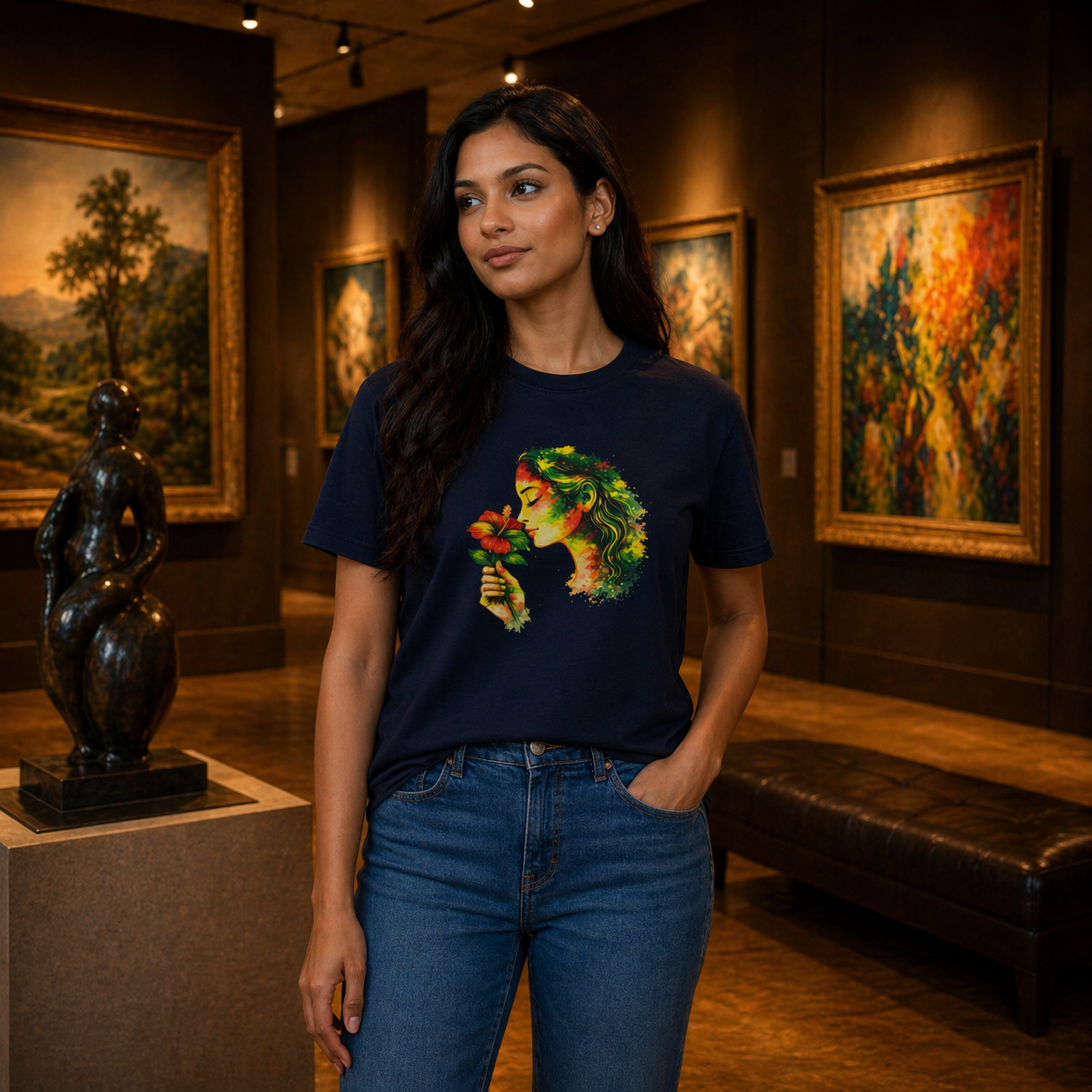 Guyana Hibiscus Tee — Woman Smelling Flower