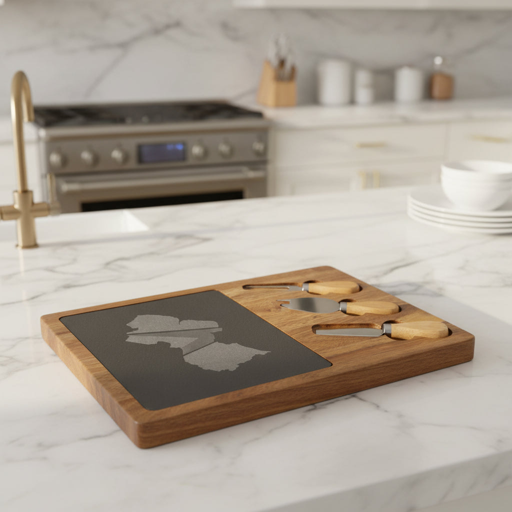 Personalized Engraved Charcuterie Board with Slate Inlay — Custom State Outline