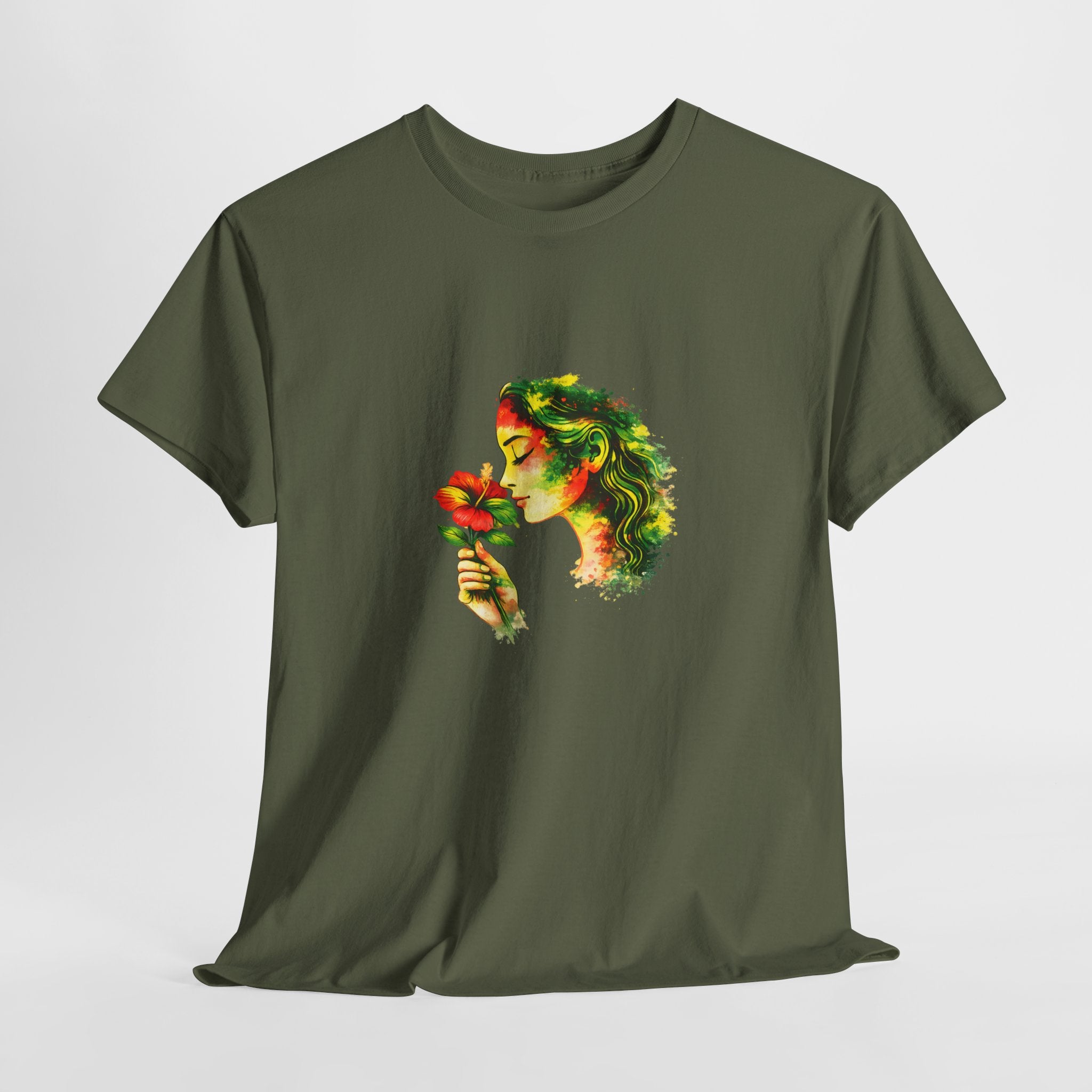 Guyana Hibiscus Tee — Woman Smelling Flower