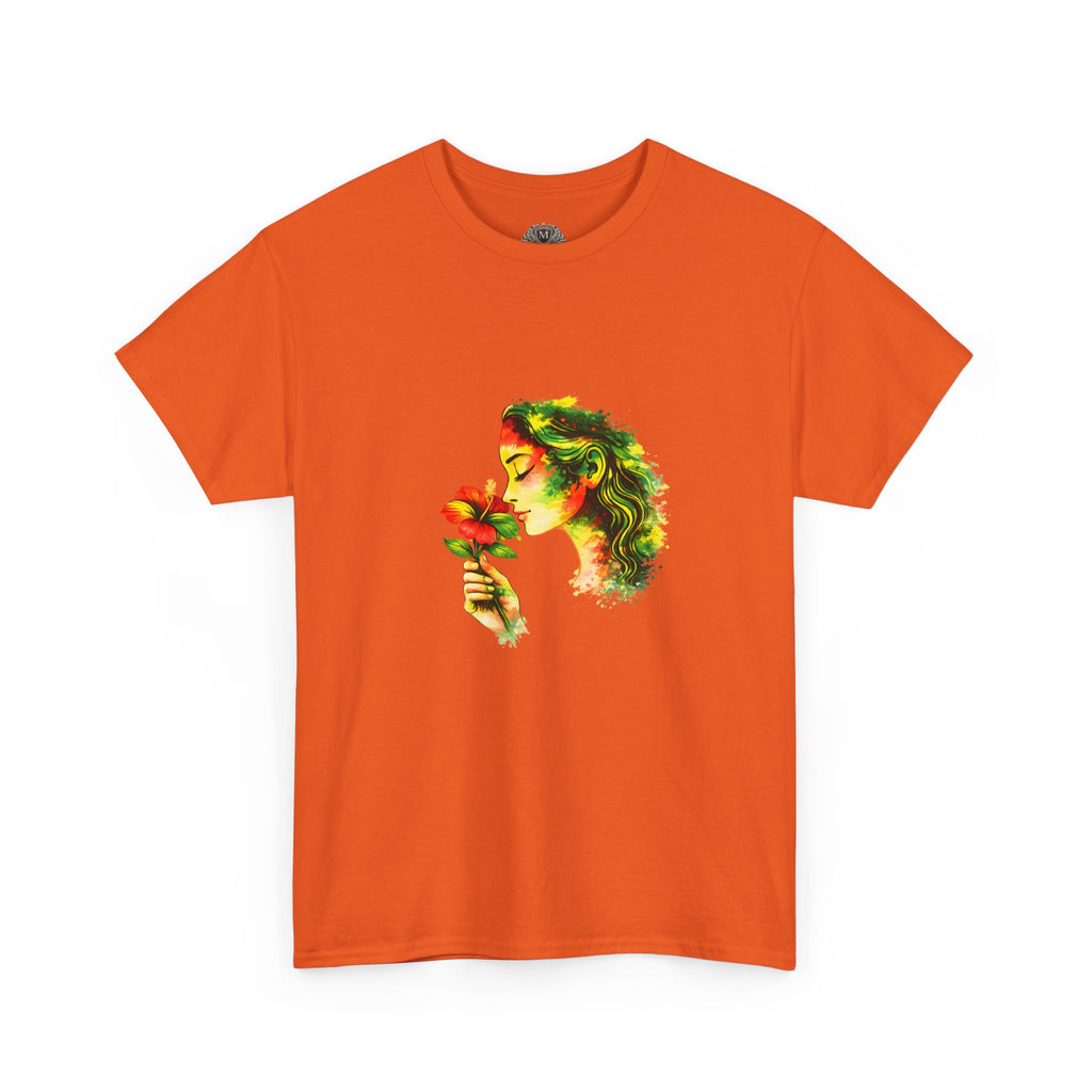 Guyana Hibiscus Tee — Woman Smelling Flower