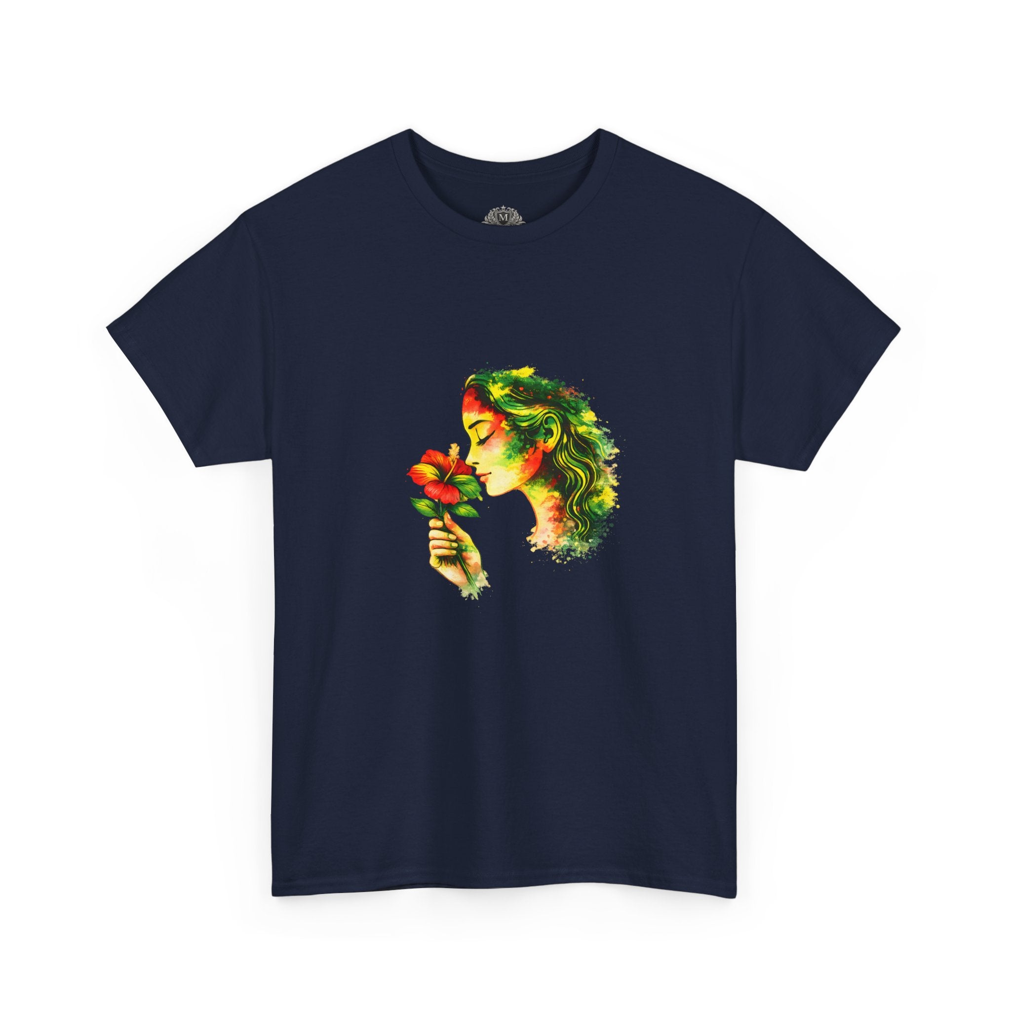 Guyana Hibiscus Tee — Woman Smelling Flower