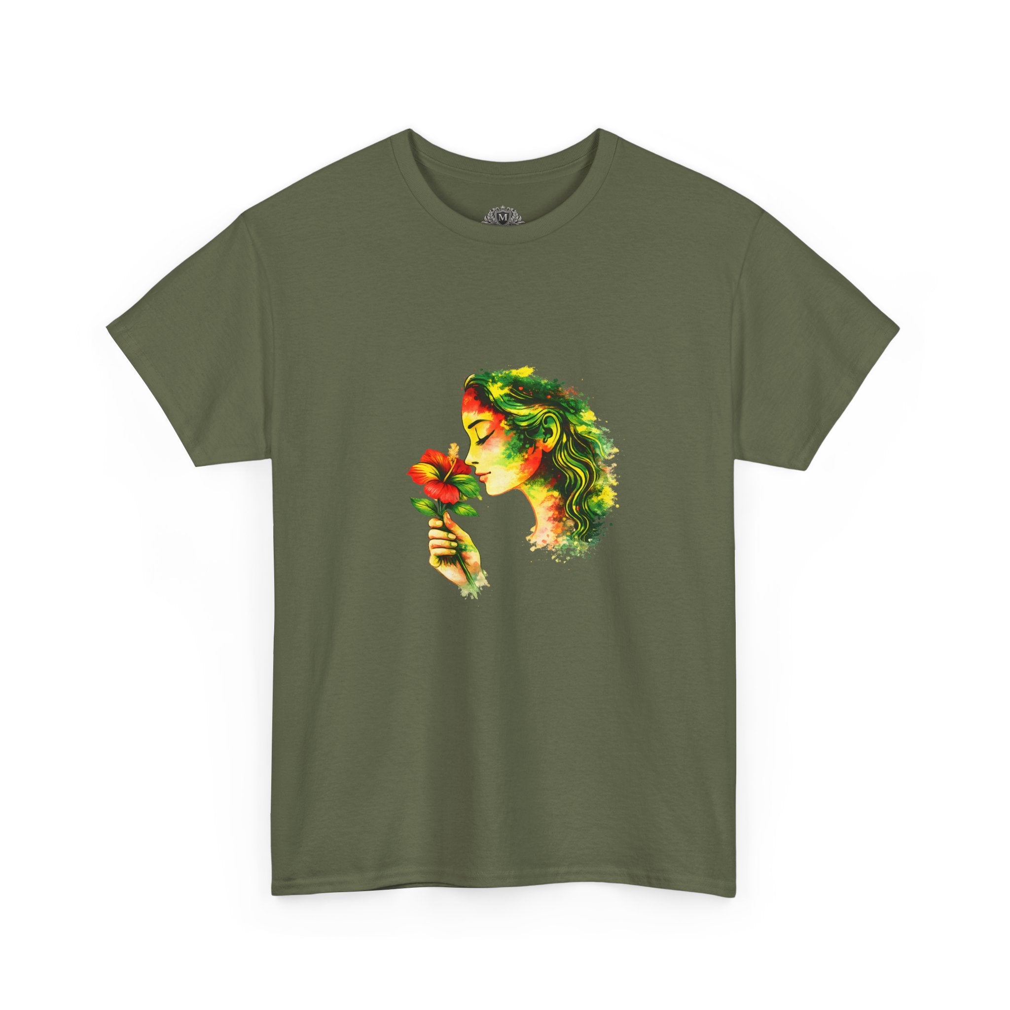 Guyana Hibiscus Tee — Woman Smelling Flower