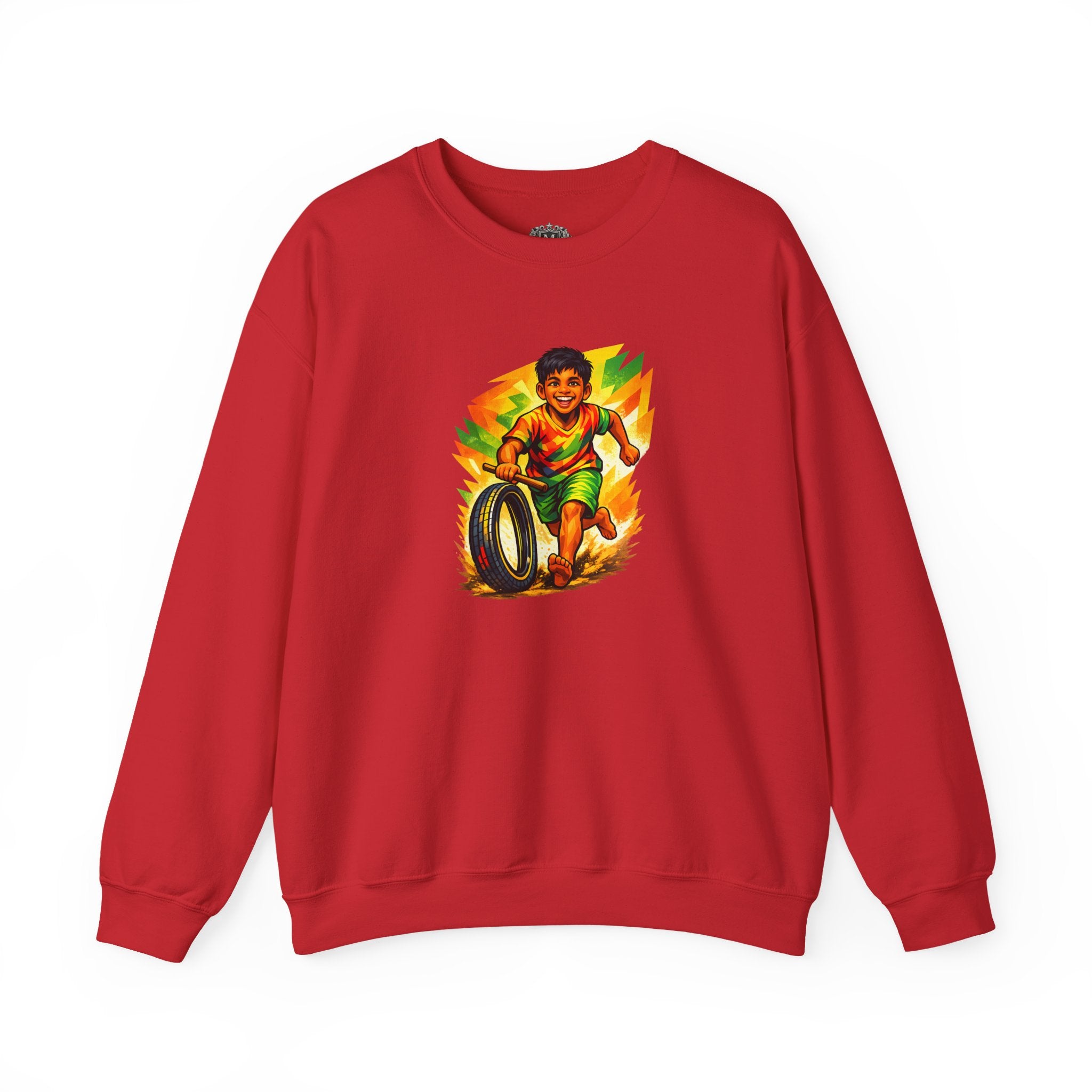 Retro Boy Playing with Tire Graphic — Crewneck Sweatshirt