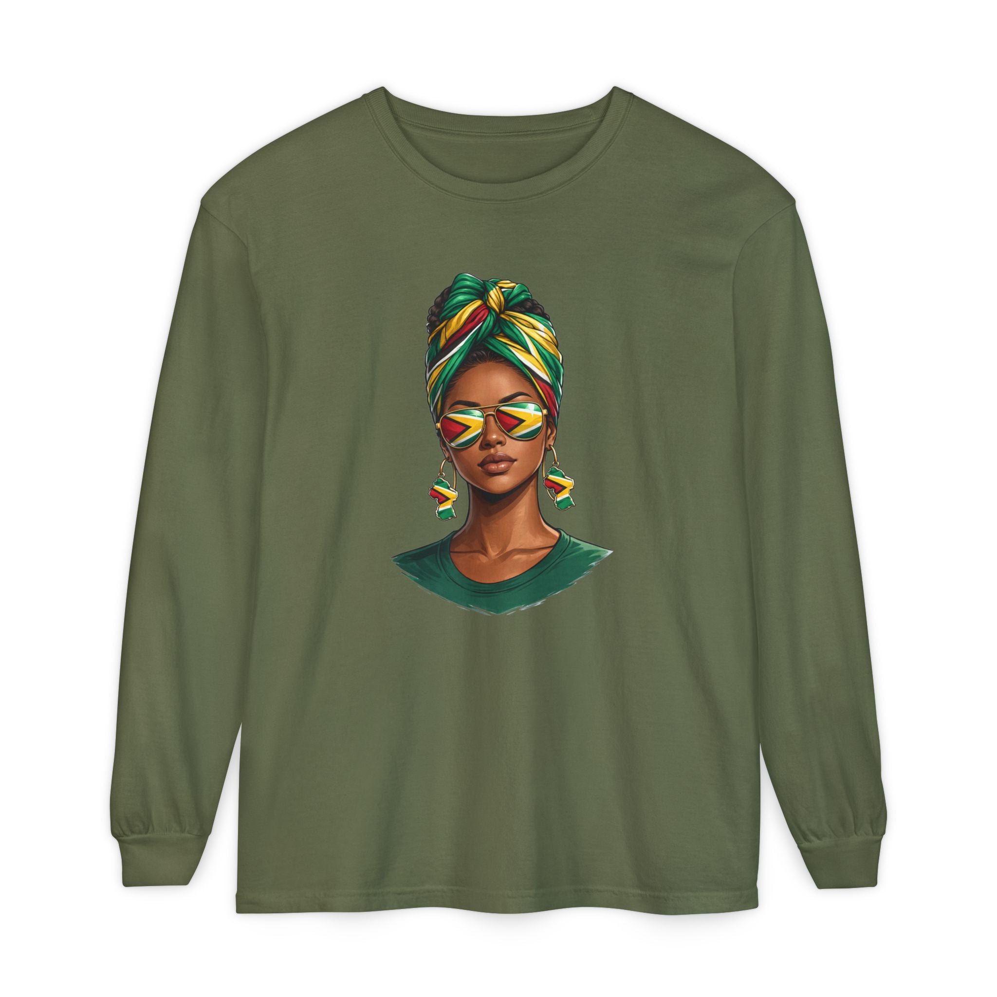 Afro Guyanese Woman Portrait — "Her Presence Does the Talking" Long Sleeve Tee