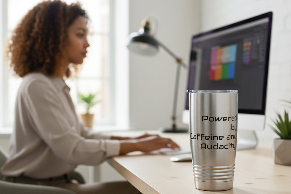 20oz Tumbler — Powered by Caffeine and Audacity Travel Mug