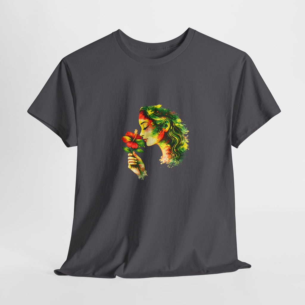 Guyana Hibiscus Tee — Woman Smelling Flower