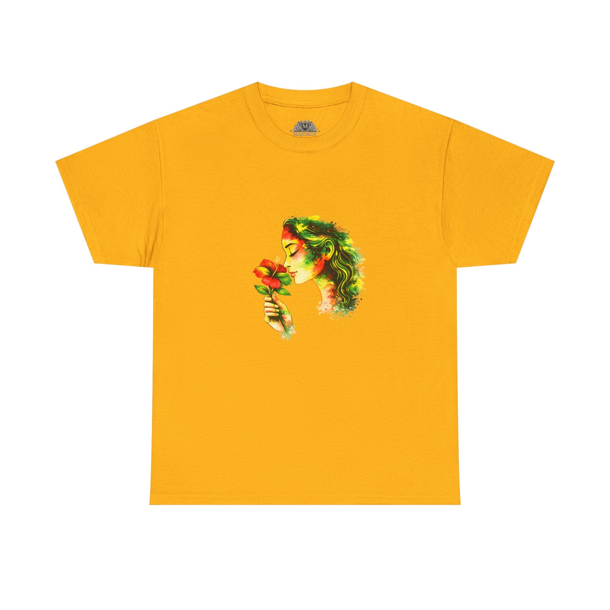 Guyana Hibiscus Tee — Woman Smelling Flower