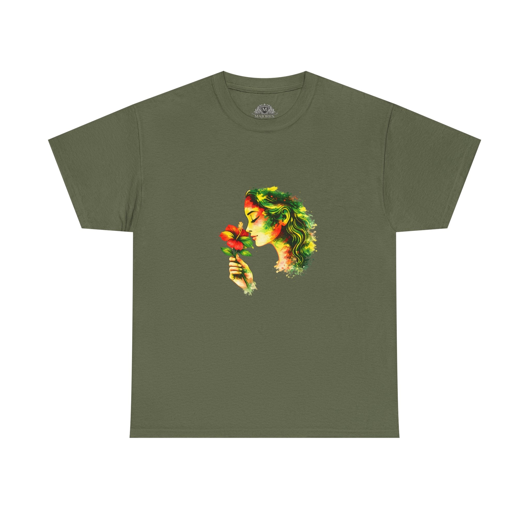 Guyana Hibiscus Tee — Woman Smelling Flower
