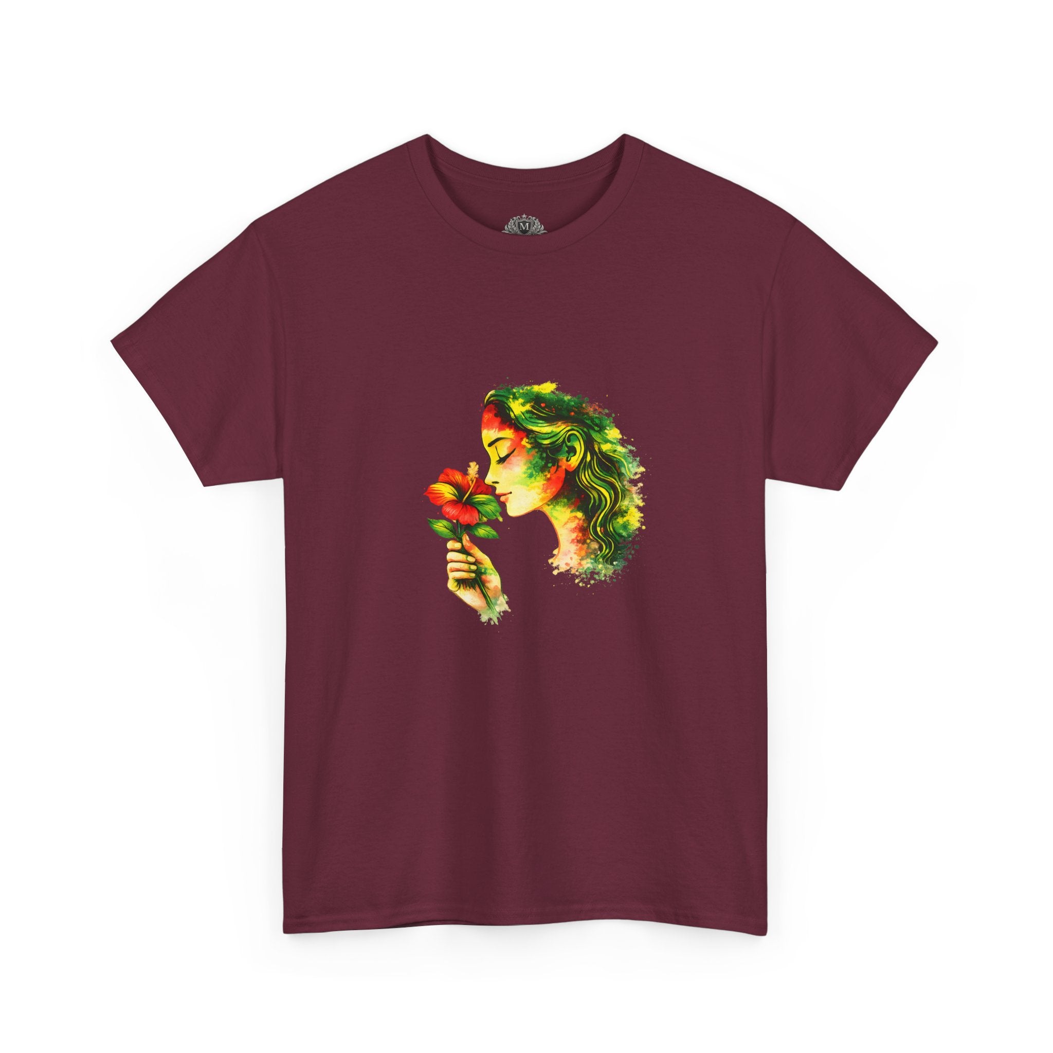 Guyana Hibiscus Tee — Woman Smelling Flower
