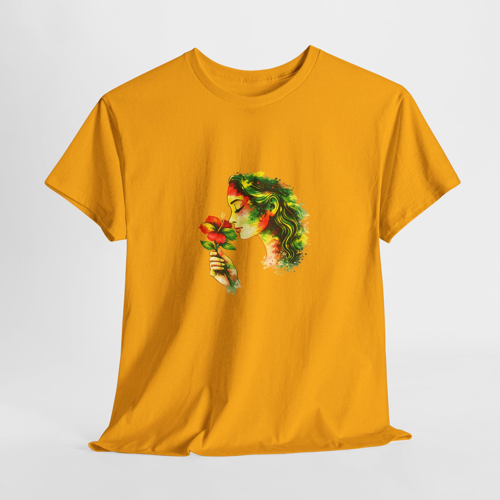 Guyana Hibiscus Tee — Woman Smelling Flower