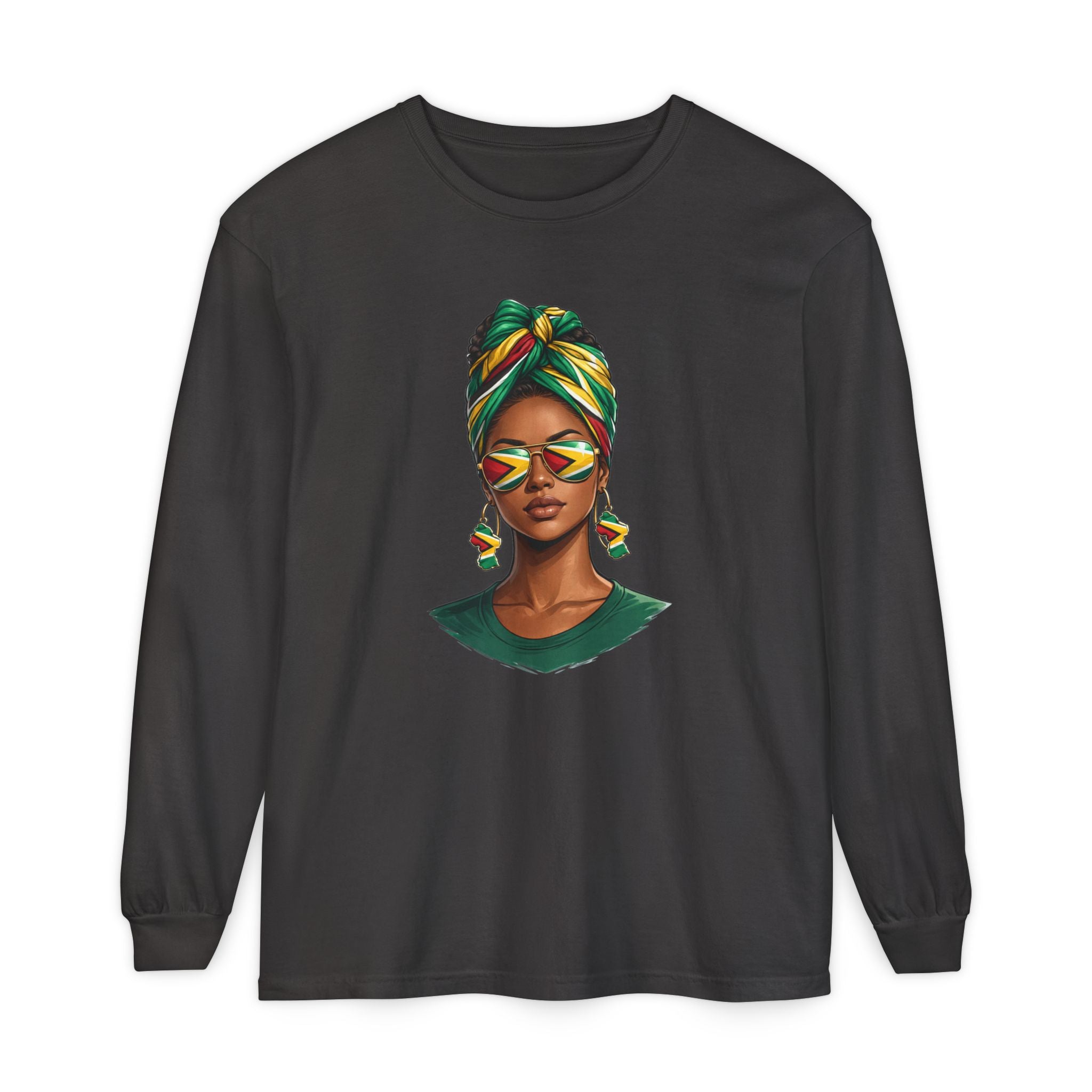 Afro Guyanese Woman Portrait — "Her Presence Does the Talking" Long Sleeve Tee