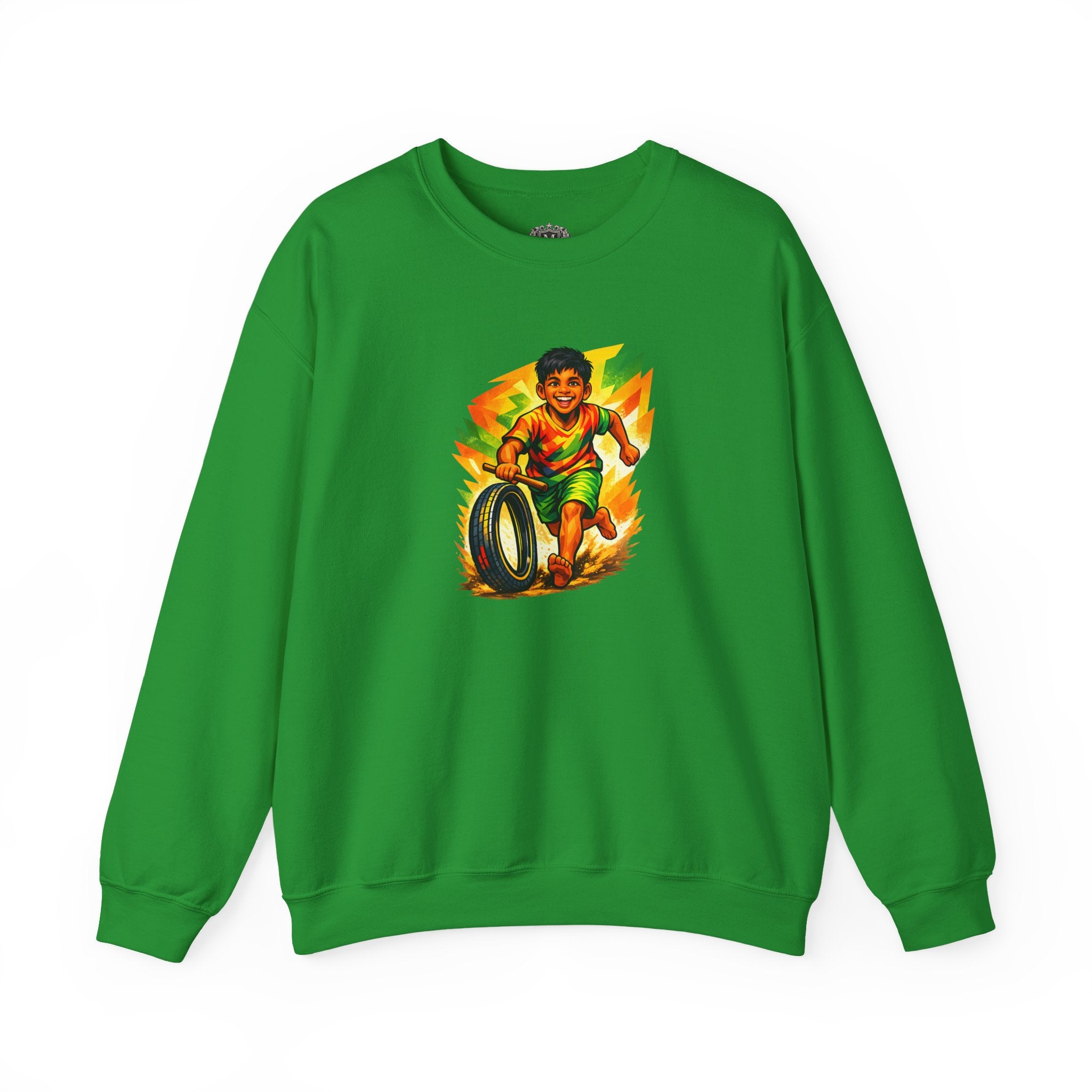 Retro Boy Playing with Tire Graphic — Crewneck Sweatshirt