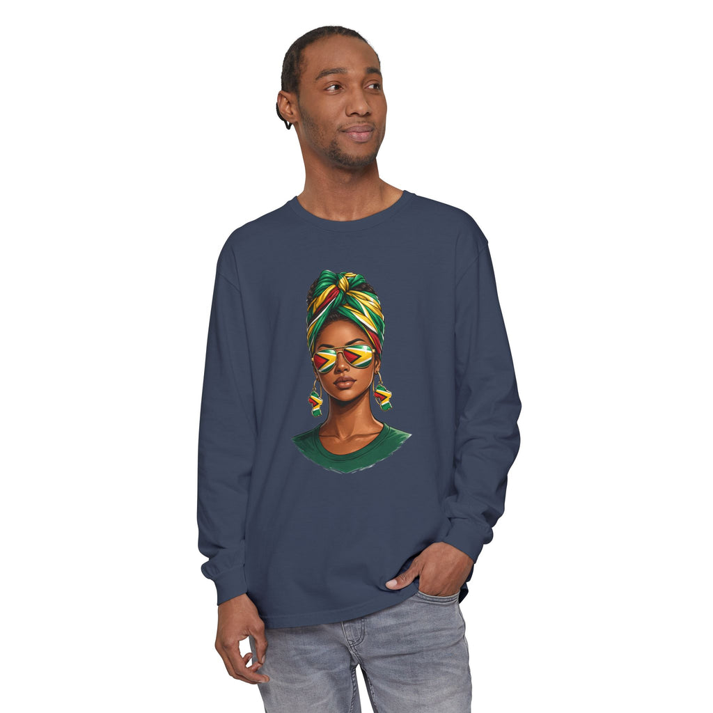 Afro Guyanese Woman Portrait — "Her Presence Does the Talking" Long Sleeve Tee