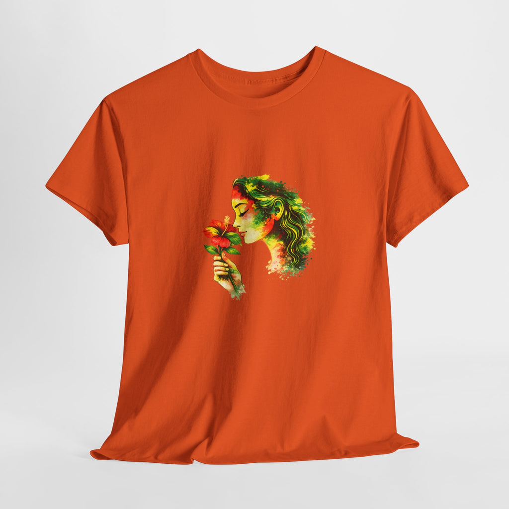 Guyana Hibiscus Tee — Woman Smelling Flower