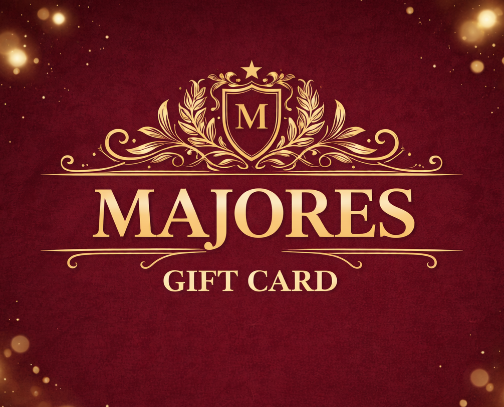 Majores gift card design with decorative elements on a red background