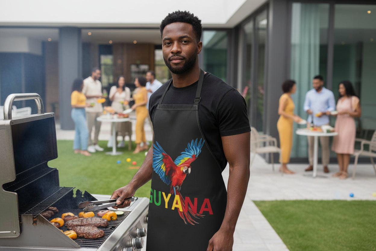 Man grilling outdoors with a colorful McCaw apron, people in the background